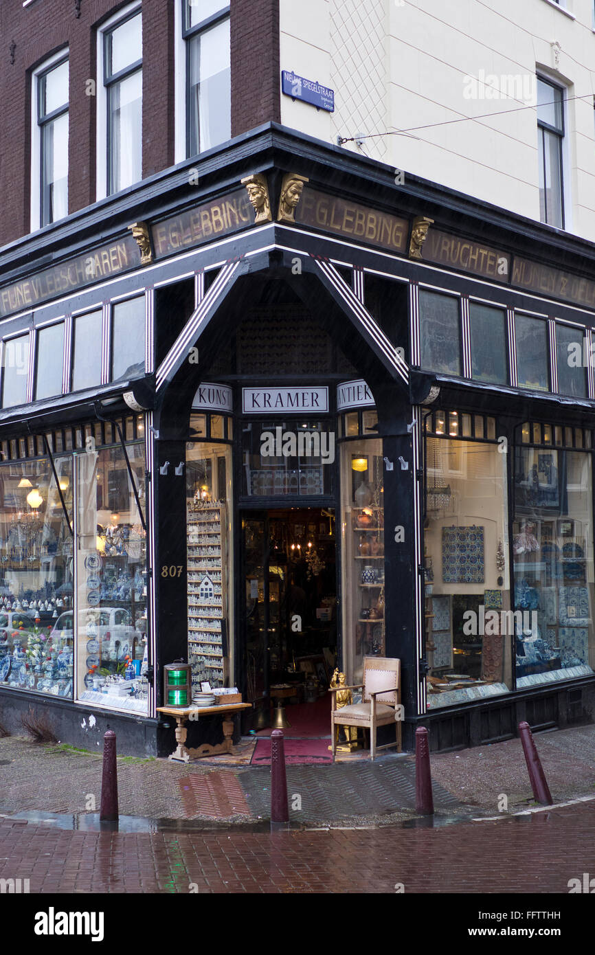 Antique shop in Amsterdam, the Netherlands, on a wet and rainy day in