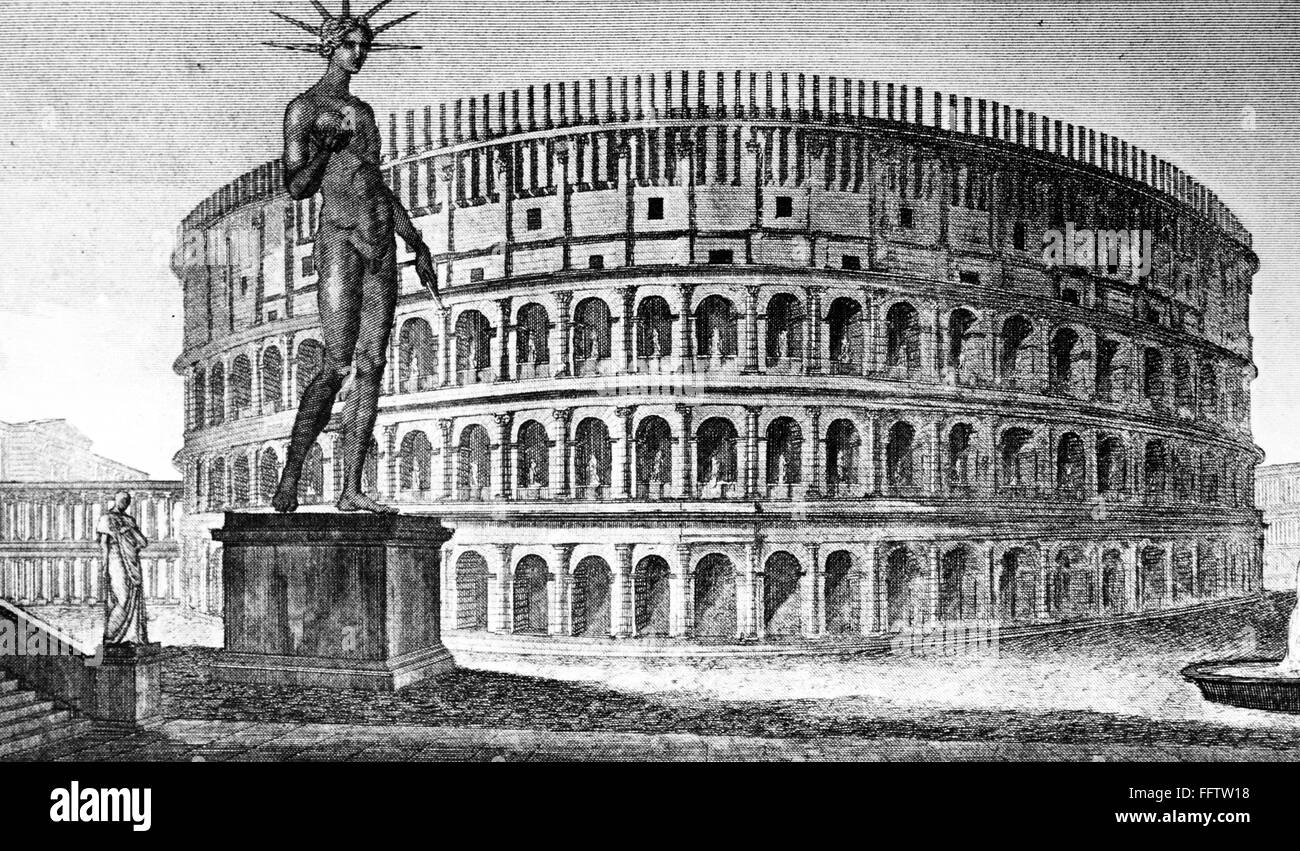 ROME: COLOSSUS OF NERO. /nReconstruction of the Colossus of Nero and the Colosseum in ancient Rome. Line engraving, Italian, 1831. Stock Photo