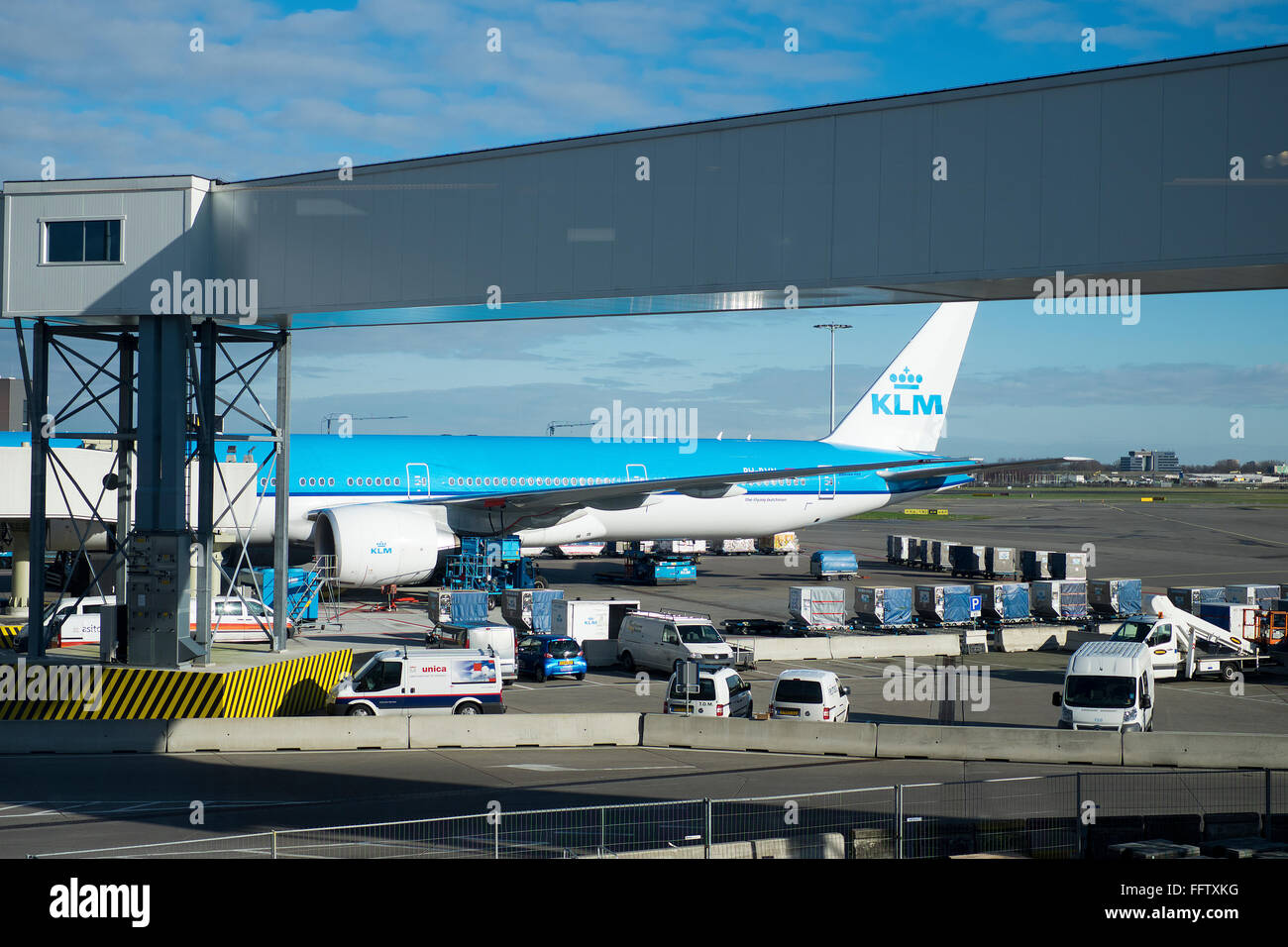 Boeing 777 belonging to Dutch carrier KLM parked at Schiphol Airport in the Netherlands Stock Photo