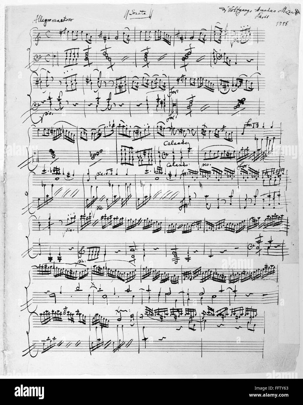 MOZART: SONATA. /nAutograph manuscript page from Wolfgang Amadeus Mozart's  Piano Sonata No. 8 in A Minor (K.310), 1778 Stock Photo - Alamy
