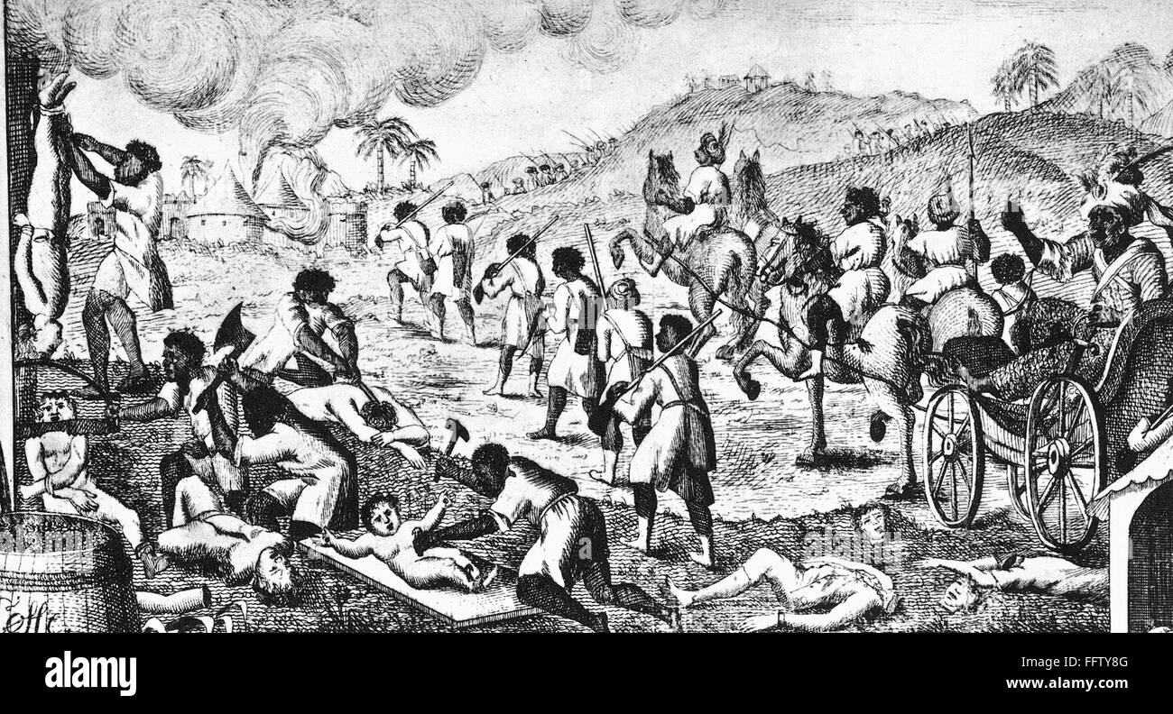 HAITI: MASSACRE, 1791. /nThe massacre of French Haitians during the uprising of the black slaves of Saint Domingue, Haiti, 1791. Line engraving, c1791. Stock Photo