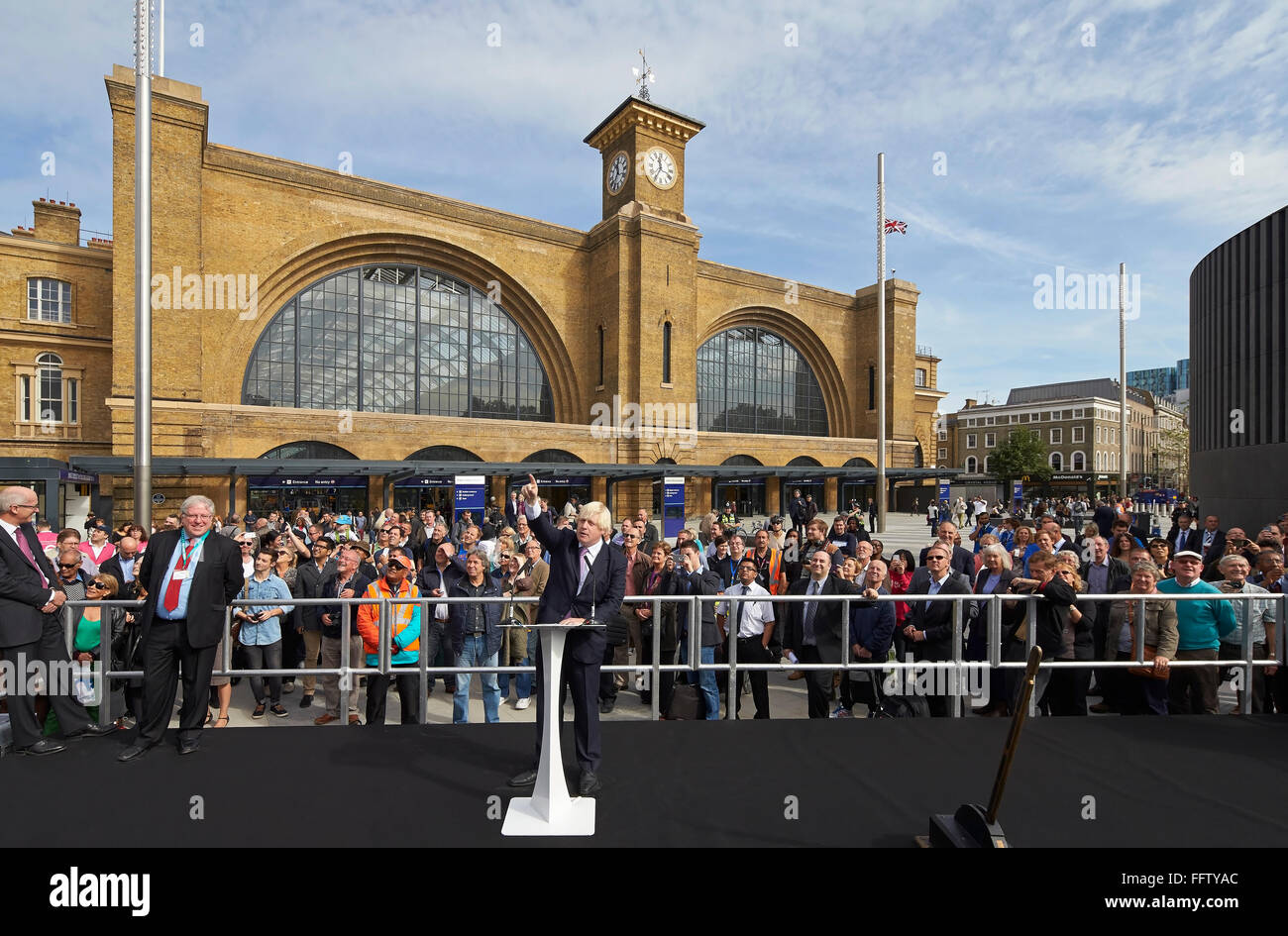 Opening ceremony on square with mayor Boris Johnson. King's Cross Square, London, United Kingdom. Architect: Stanton Williams Ar Stock Photo