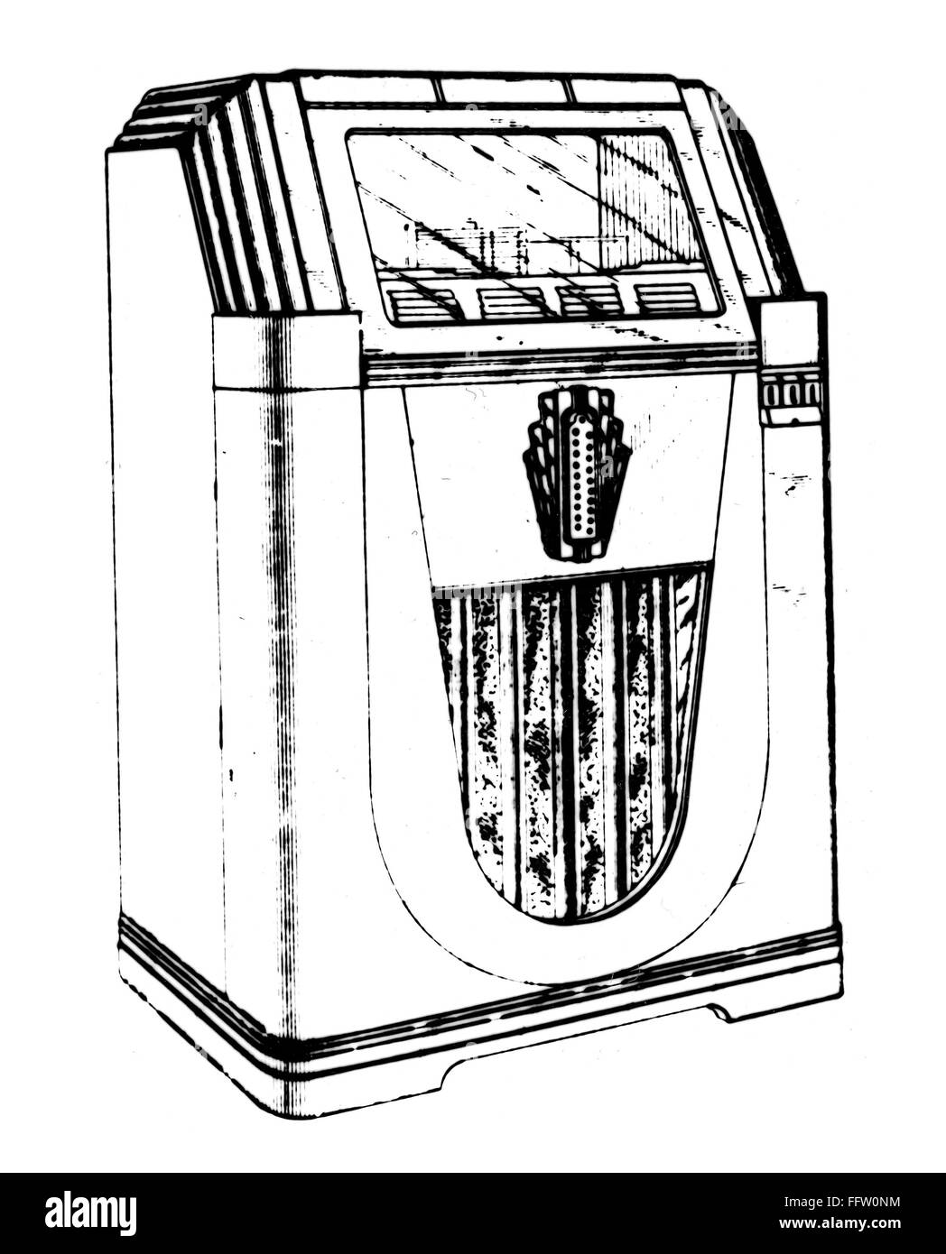 JUKEBOX, 1938. /nA 1938 model MH-20 Monarch jukebox, manufactured by the Rock-Ola Manufacturing Company of Chicago, Illinois. Line engraving. Stock Photo