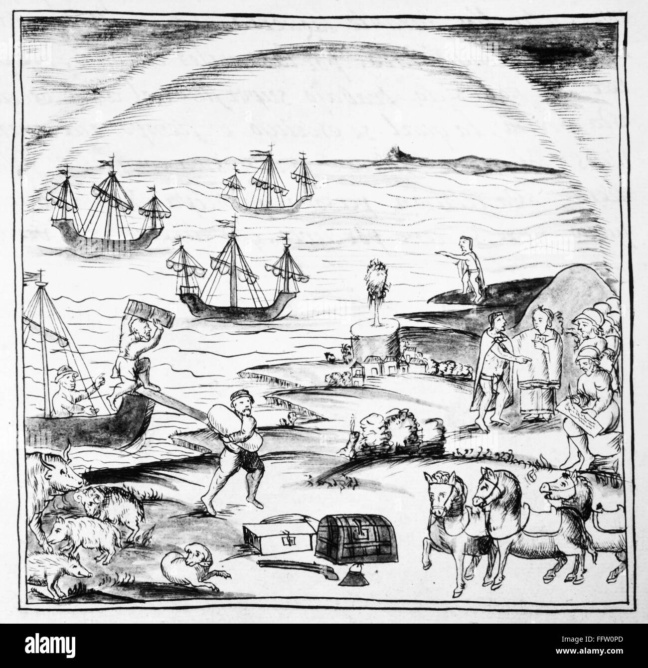 SPANISH CONQUEST, 1519. /nHernando Cortes' ships arriving in harbor in Veracruz, Mexico. Illumination from the Codex Florentino, c1540, compiled by Bernardino de Sahagun (1499-1590). Stock Photo