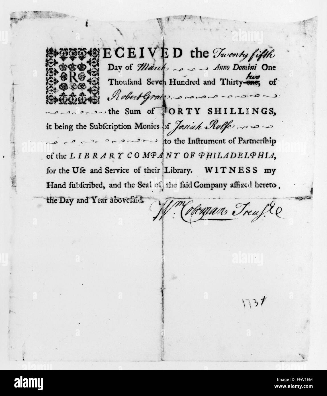 1731 First Library FRANKLIN: LIBRARY SHARE. /nShare, 1732, in the Library Company of ...