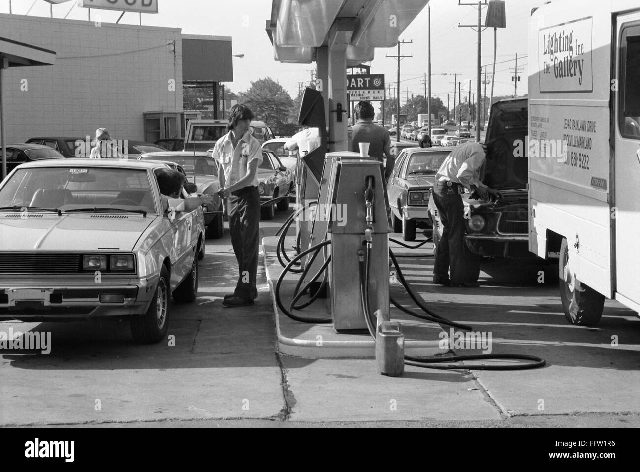 OIL CRISIS, 1979. /nCars lined up for gas at a service station in the