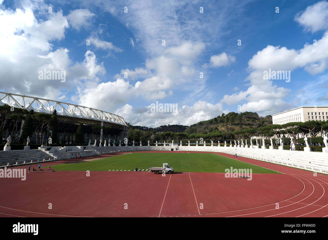 ROME, ITALY - FEBRUARY 9, 2016: people in the Stadio dei Marmi , Stadium of the Marbles in the Foro Italico designed in the 1920 Stock Photo
