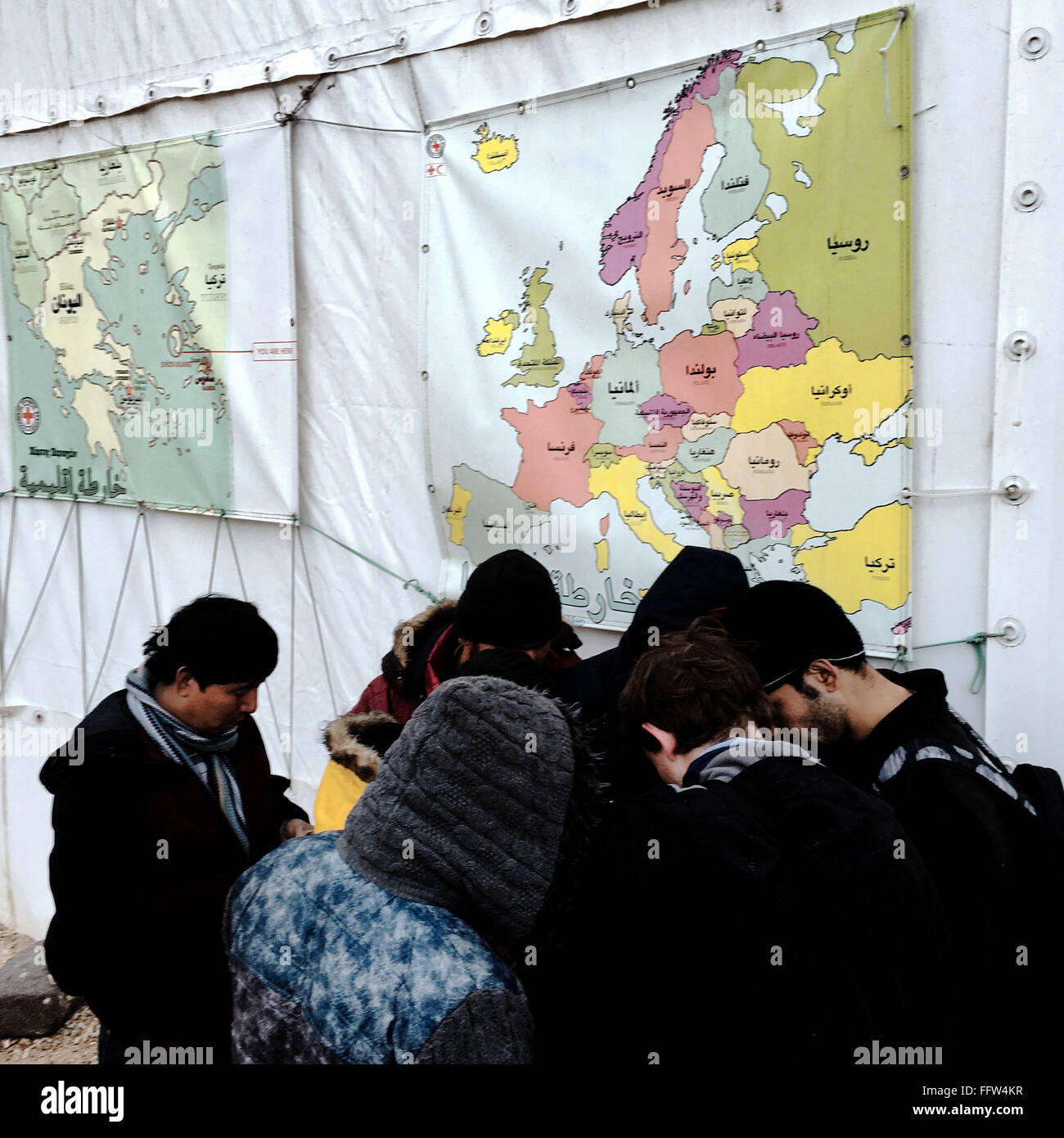 Migrants on Chios Island -  03/01/2016  -  Greece / Cyclades (the) / Chios island  -  Refugees gathered in front of the UNHCR te Stock Photo