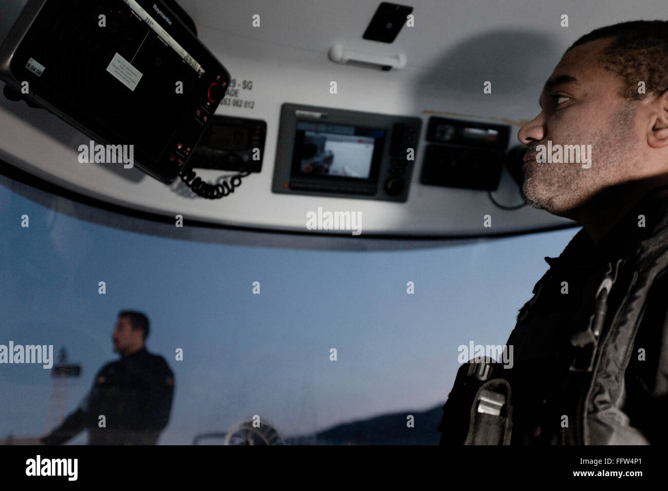 Frontex in Lesvos and Evros -  03/02/2015  -  Greece / North Aegean / Lesbos  -  Frontex officers on the Portugese boat for an n Stock Photo