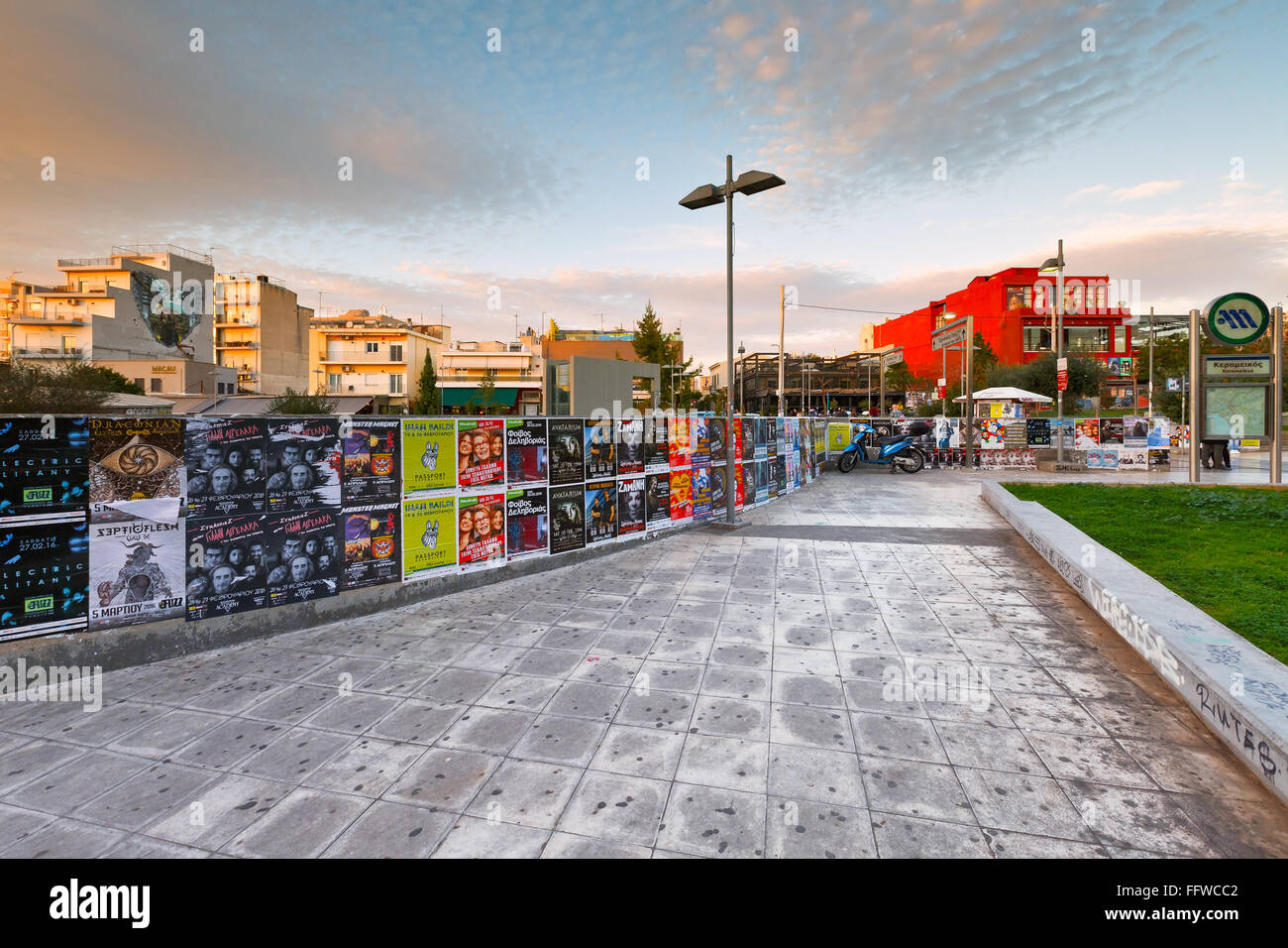 Square and entrance to the tube in the Gazi neighbourhood of Athens, Greece. Stock Photo