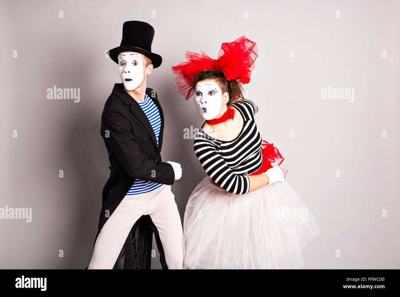 Street artists performing, Two mimes man and woman in April Fools Day ...