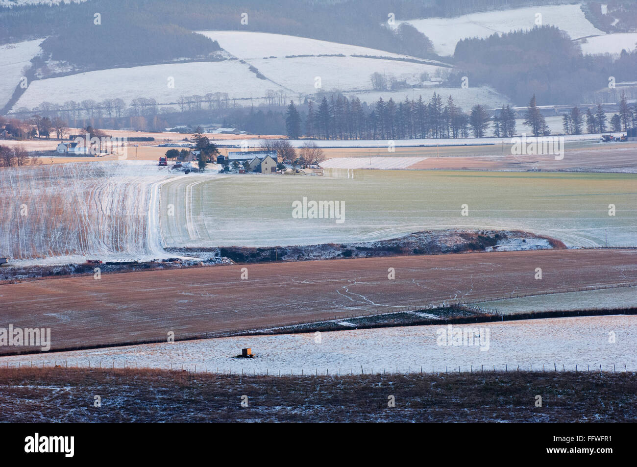 Aberdeenshire farmland in winter from Dunnideer Hill - near Insch ...
