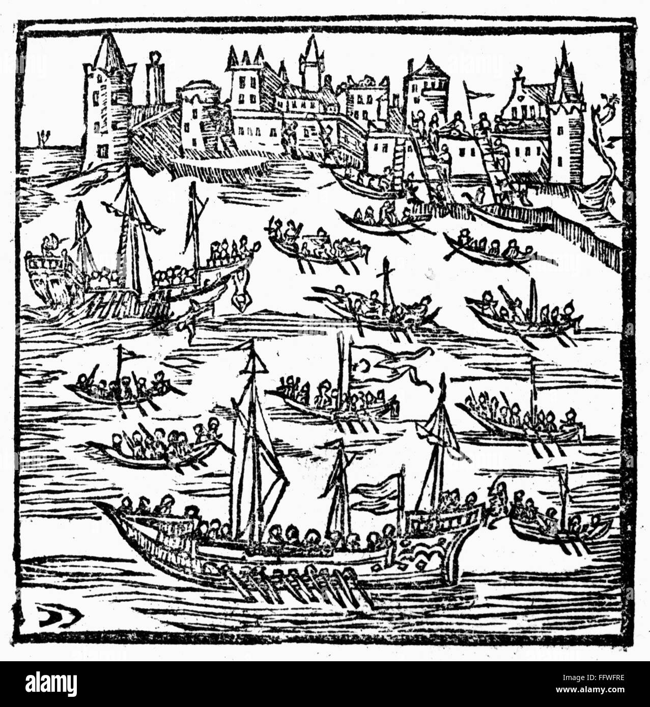 CRIMEA: COSSACK ATTACK. /nA cossack navy attacking the Crimea. Woodcut, early 17th century. Stock Photo