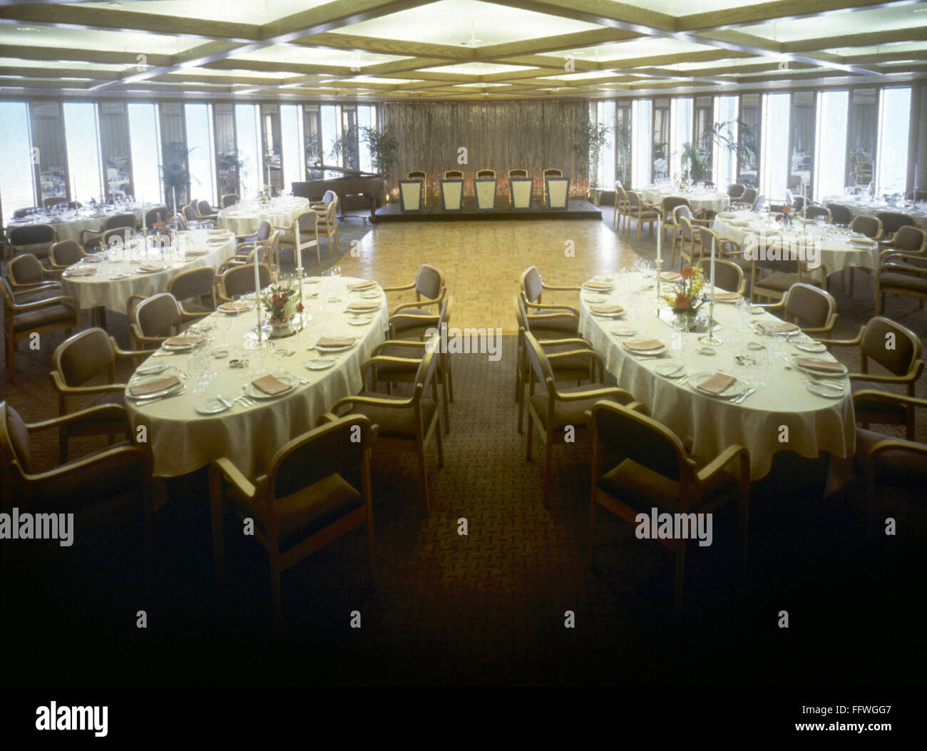 WORLD TRADE CENTER, c1975. /nThe ballroom for private functions at 'Windows on the World,' the restaurant complex on the 106th and 107th floors of the World Trade Center in New York City, c1975. Stock Photo