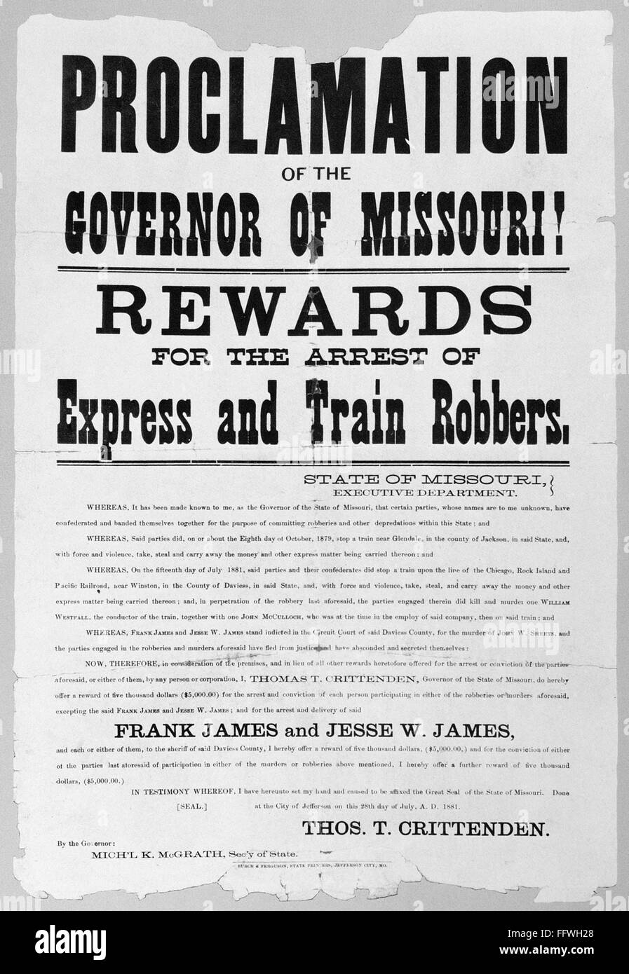 WANTED POSTER, 1881. /nPoster offering a reward for the arrest of Frank and Jesse James following a series of train robberies, issued by Thomas Crittenden, Governor of Missouri, 1881. Stock Photo