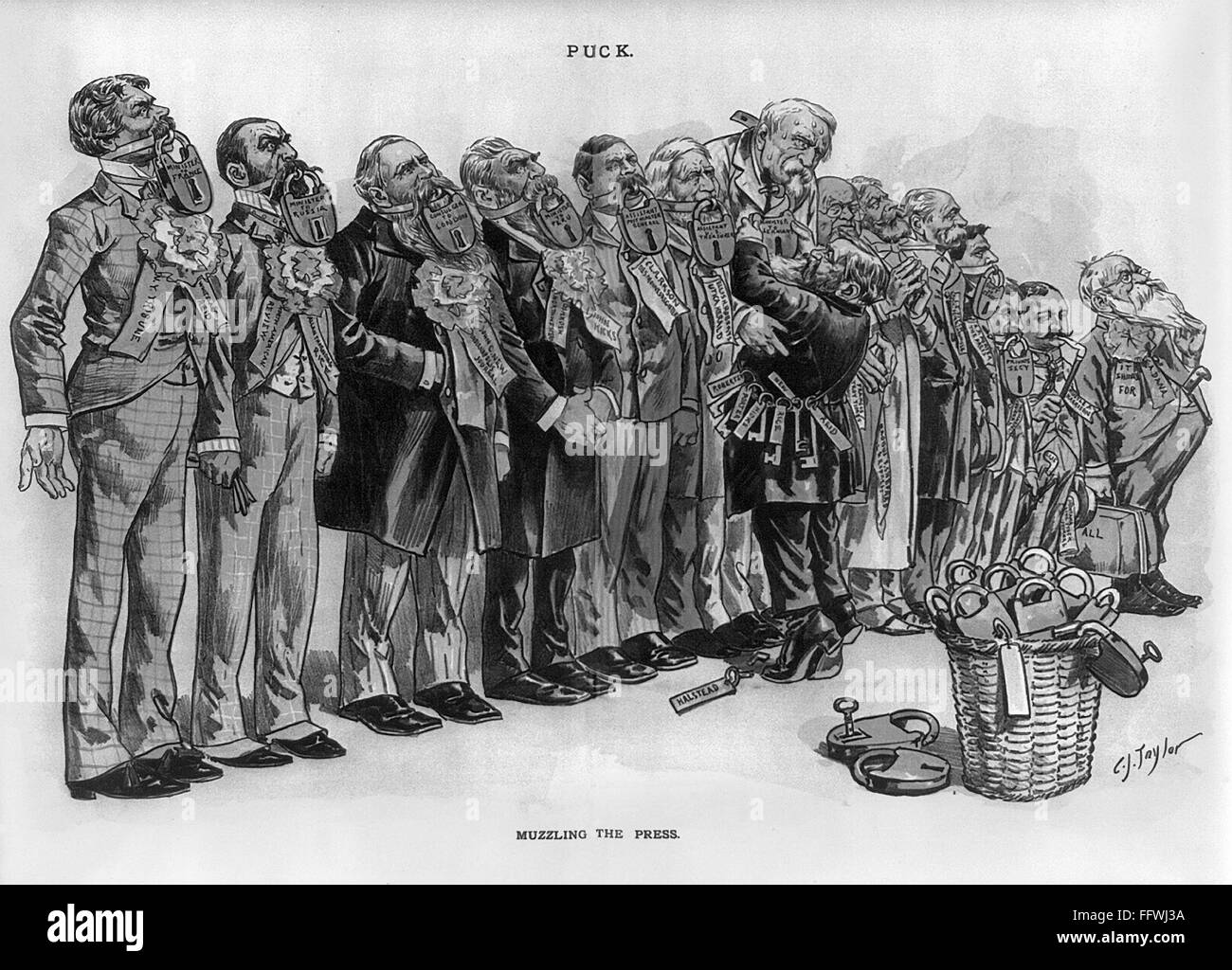 CENSORSHIP CARTOON, 1889. /n'Muzzling the Press.' U.S. President