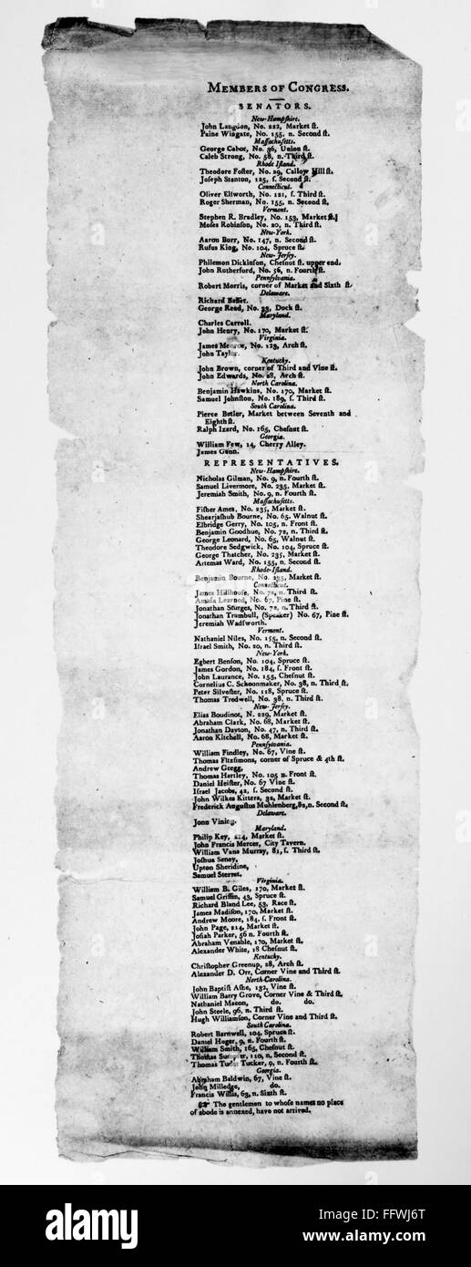 MEMBERS OF CONGRESS, 1792. /nPrinted list of Senators and Representatives along with their Philadelphia addresses, 1792. Stock Photo