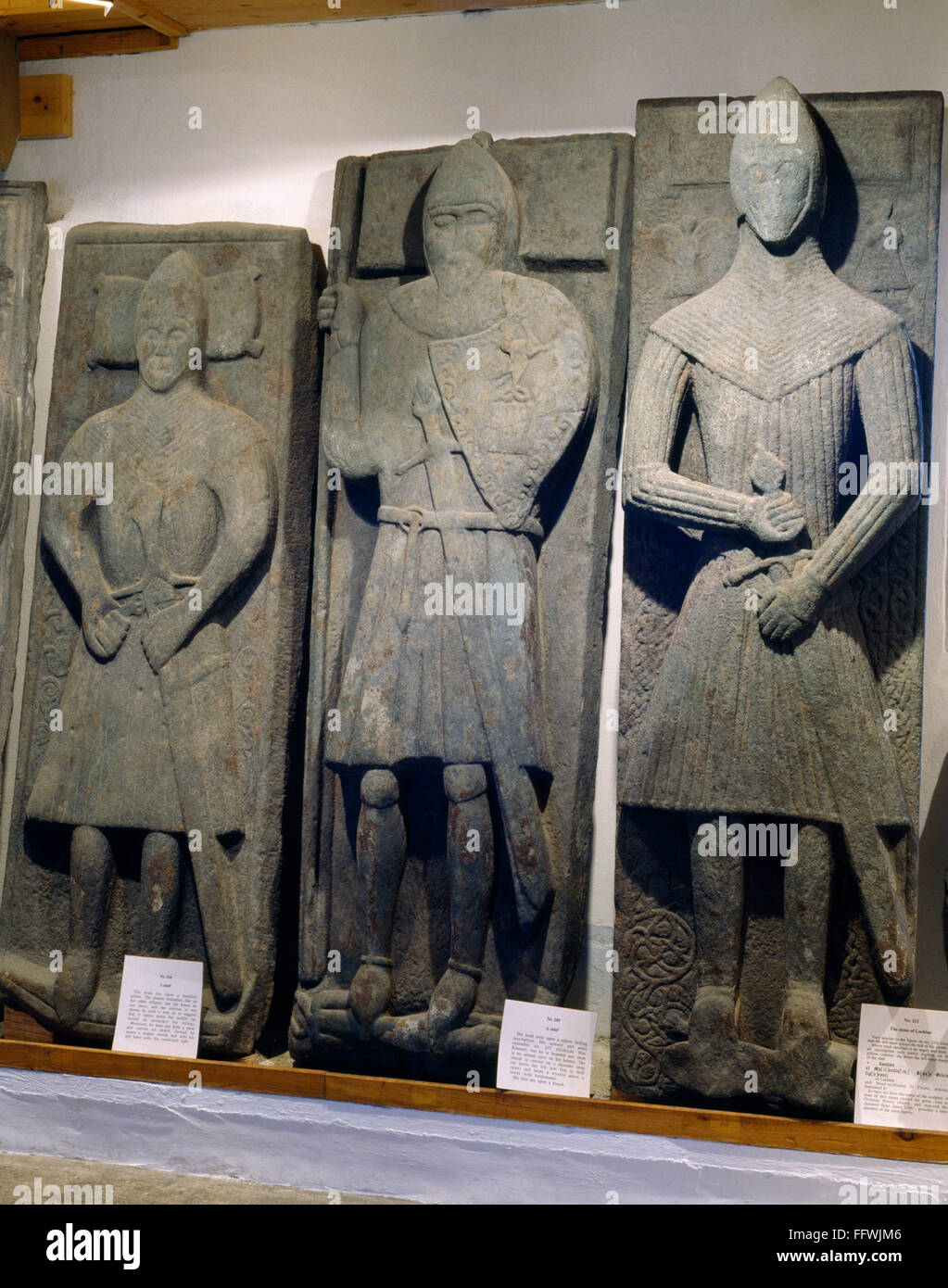 Three West Highland chieftan's grave slabs including the Lachlan Stone. Iona Abbey museum, Inner Hebrides, Scotland, UK Stock Photo