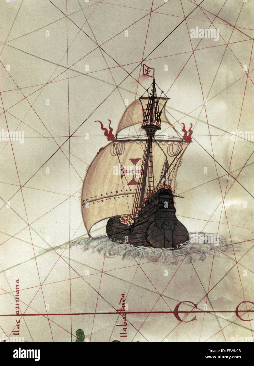 SPANISH CARAVEL, c1587. /nA Spanish caravel flying the red cross of ...