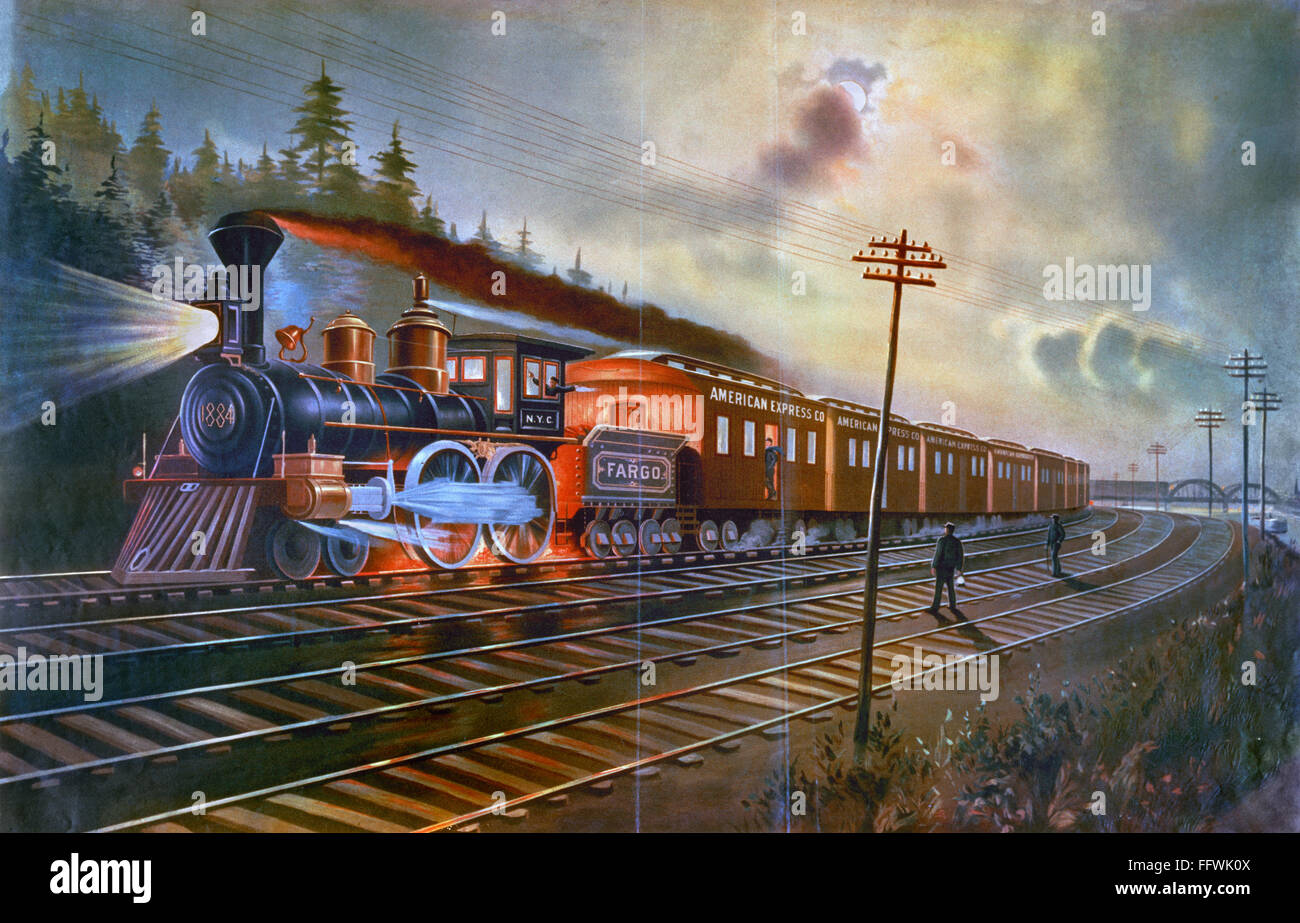 AMERICAN TRAIN, 1884. /nNight scene at an American railroad station ...