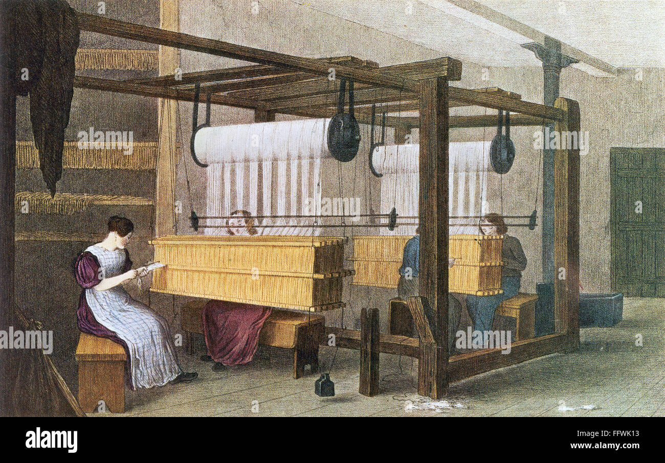 TEXTILE MANUFACTURE, 1840. /nReeding and drawing at a Manchester cotton mill. Lithograph, English, c1840. Stock Photo