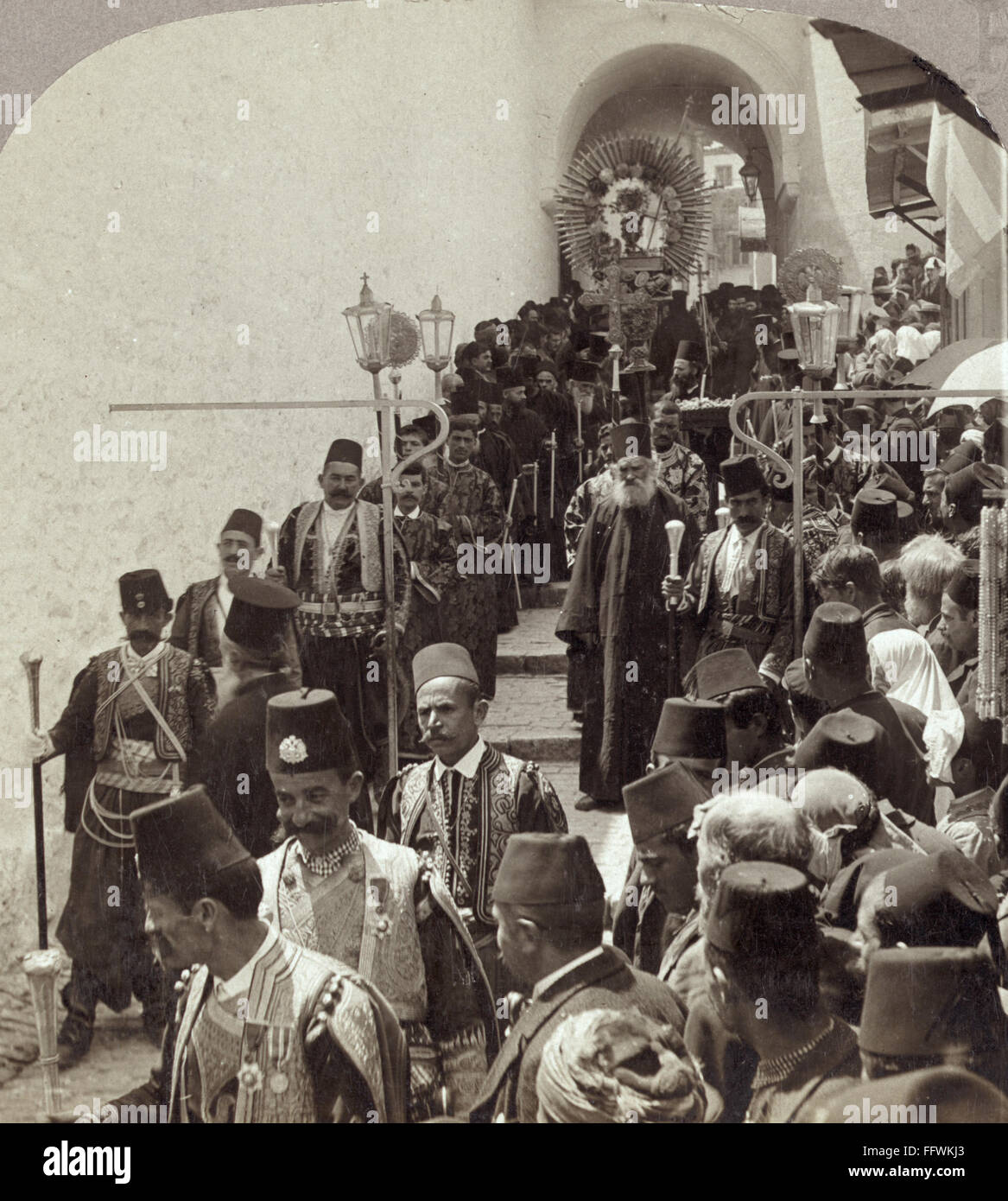 JERUSALEM: EASTER, c1905. /nA patriarch of the Greek Orthodox Church in an Easter procession through the Old City of Jerusalem. Stereograph by Carleton Graves, c1905. Stock Photo