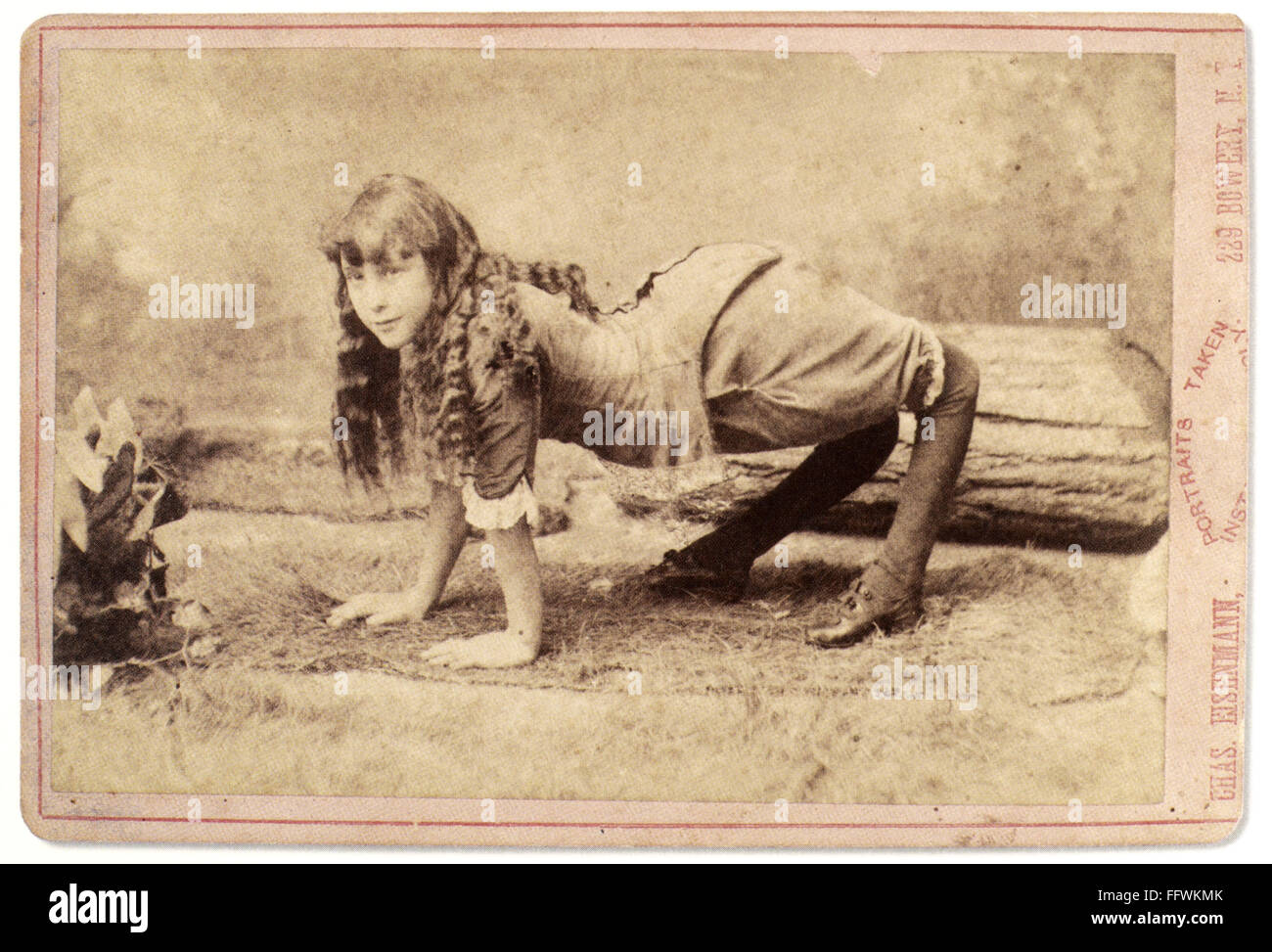SIDESHOW: CAMEL GIRL, 1886. /nSideshow pitch card featuring Ella Harper, the 'Camel Girl,' 1886. Stock Photo