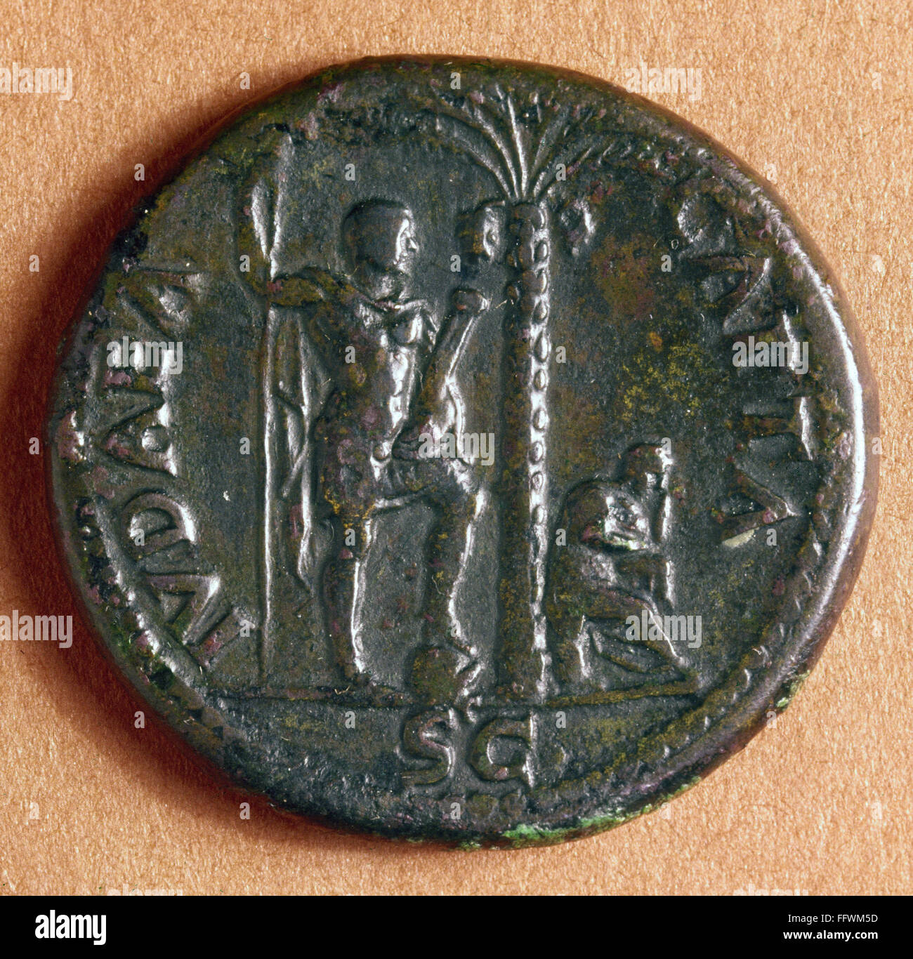 ROMAN COIN: JUDEA CAPTA. /nJudea Capta sestertius from the reign of Vespasian, 71 A.D., commemorating Rome's suppression of the Jewish Revolt. Stock Photo