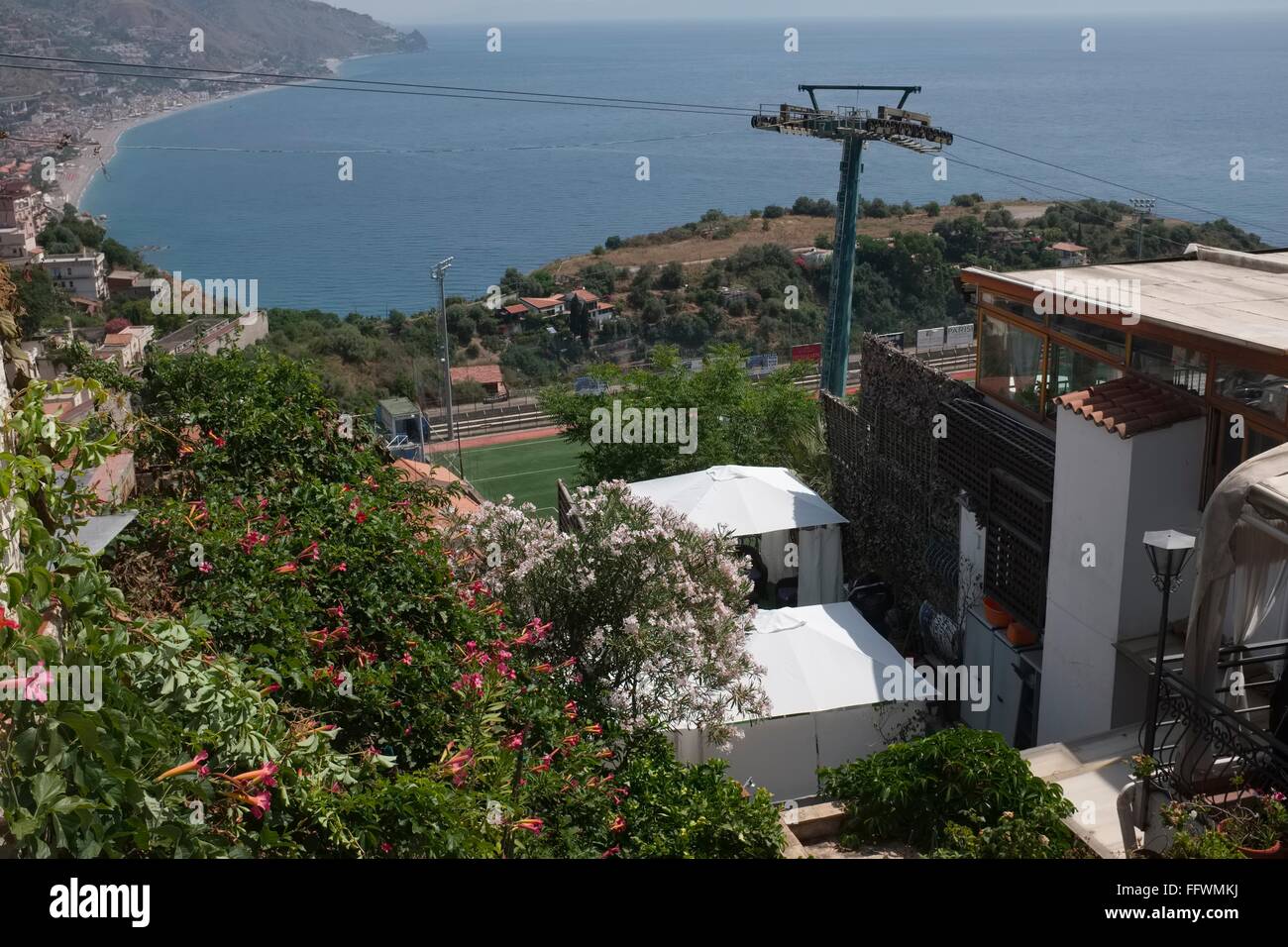 Hiltop view toward the Straits of Messina at the Taormina Cable car