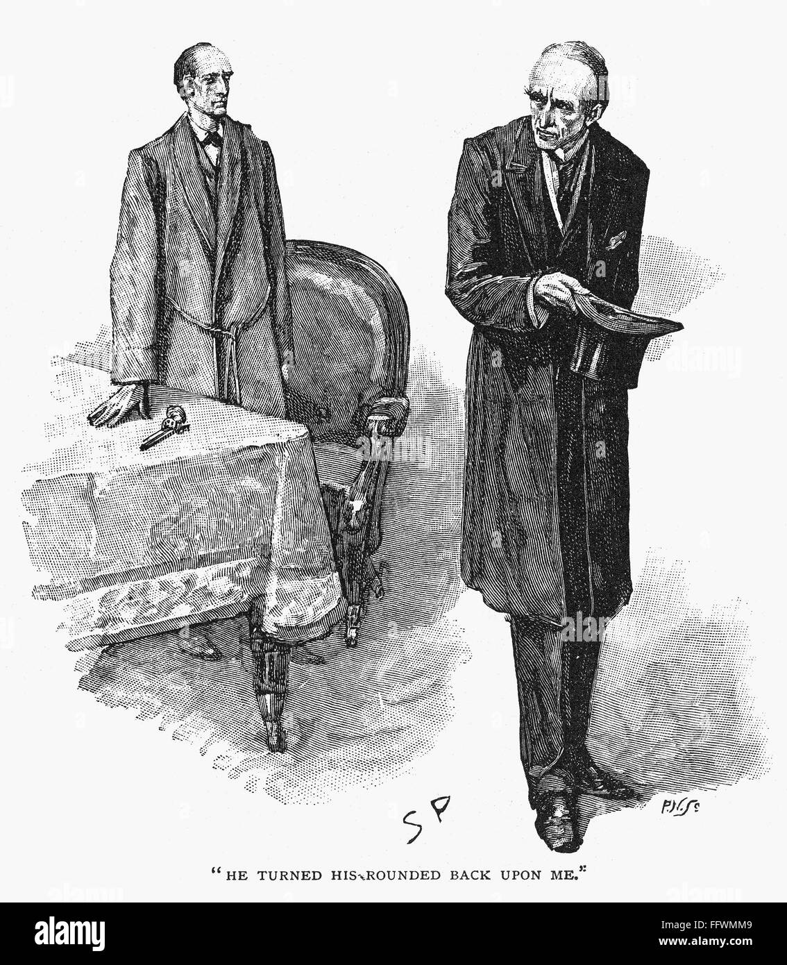 DOYLE: SHERLOCK HOLMES. /nSherlock Holmes (left) concludes an interview with the 'Napoleon of crime', Professor Moriarty. Wood engraving after a drawing by Sidney Paget from the 'Strand' magazine for Sir Arthur Conan Doyle's 'The Adventure of the Final Pr Stock Photo
