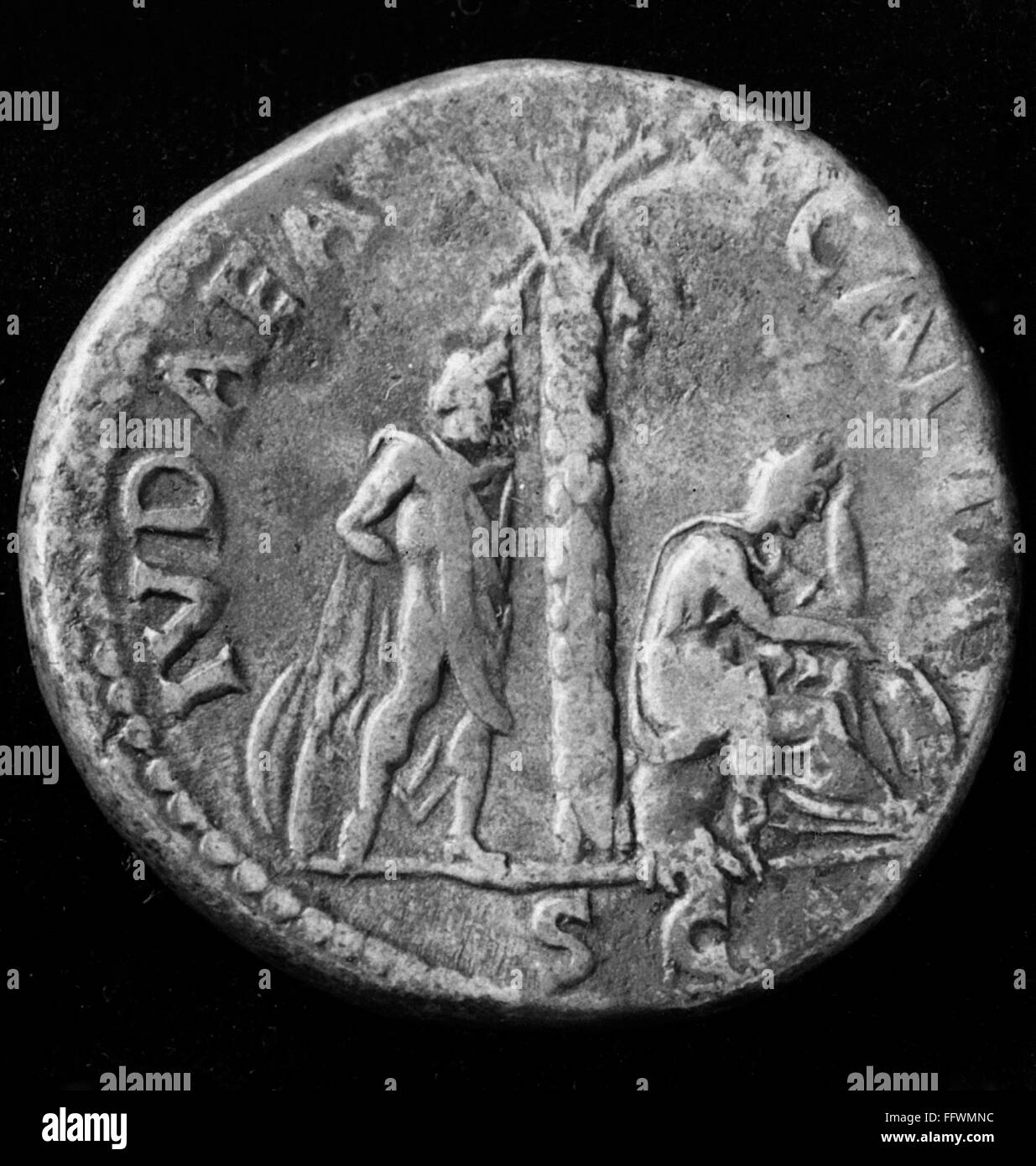 ROMAN COIN: JUDEA CAPTA. /nReverse of a Judea Capta coin, issued by the emperor Vespasian in commemoration of Rome's suppression of the Jewish Revolt in 70 A.D. Stock Photo