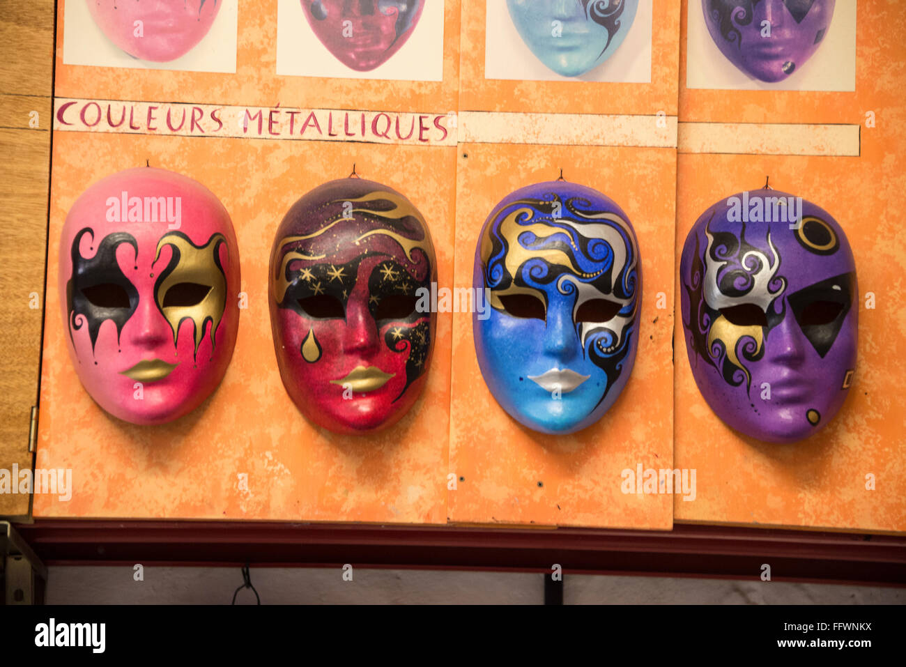 A selection of decorative Venetians face mask in a handmade mask-making ...