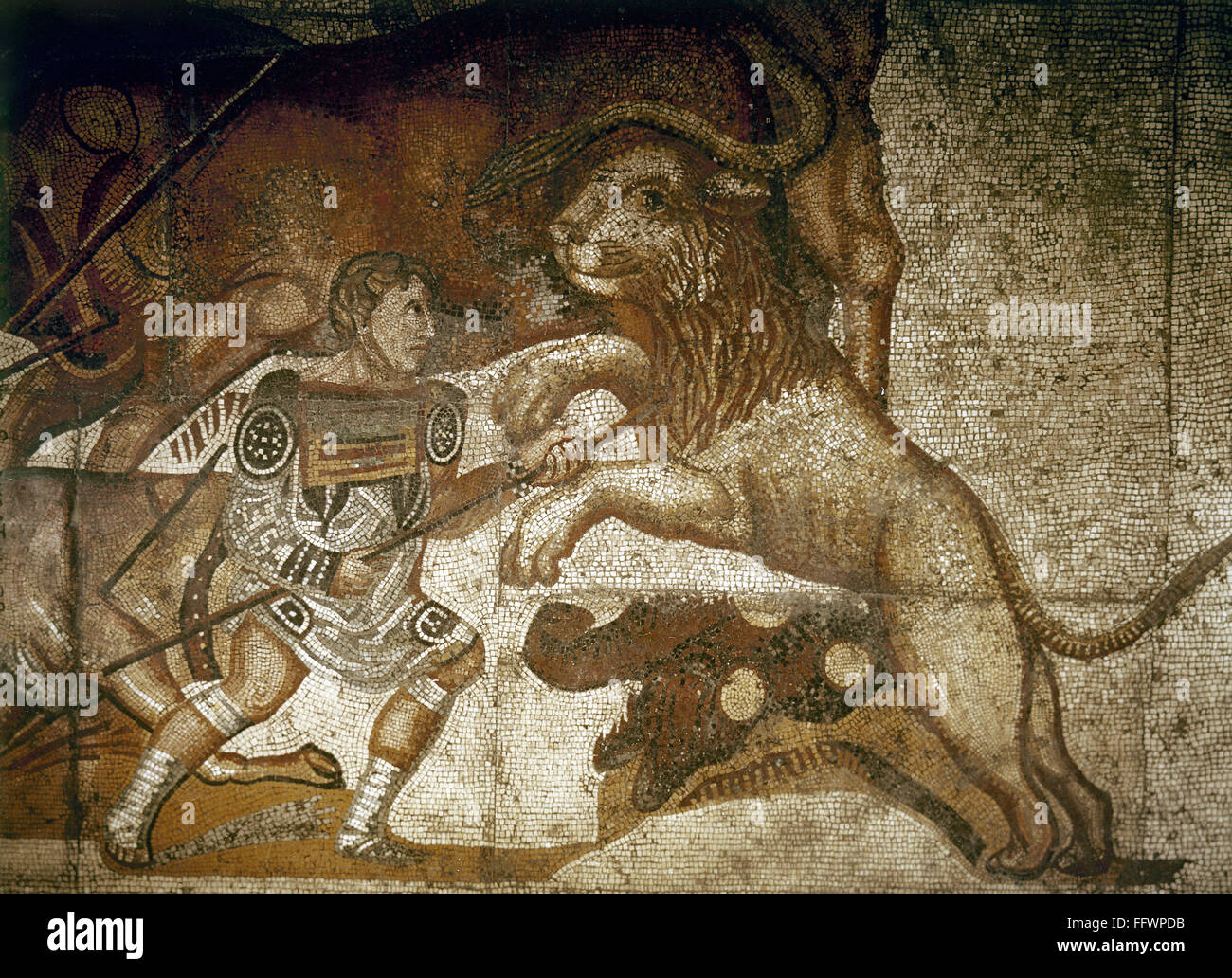 ROMAN MOSAIC: GLADIATOR. /nA gladiator in combat with a lion. Detail from the Borghese mosaic, c320 A.D. Stock Photo