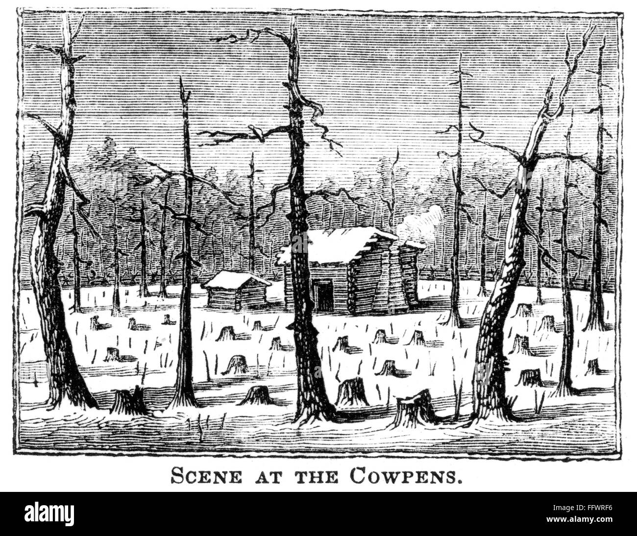 COWPENS BATTLEFIELD. /n'Scene at the Cowpens.' Log cabin in a clearing