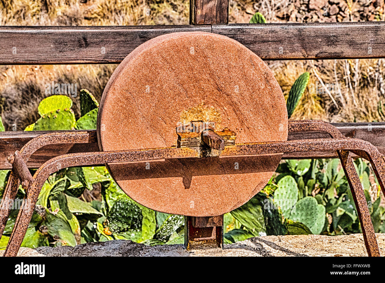 Stone wheel used for sharpening knives and tools,El Hoyo, Gran Canaria, Canary Islands, Spain, Europe Stock Photo