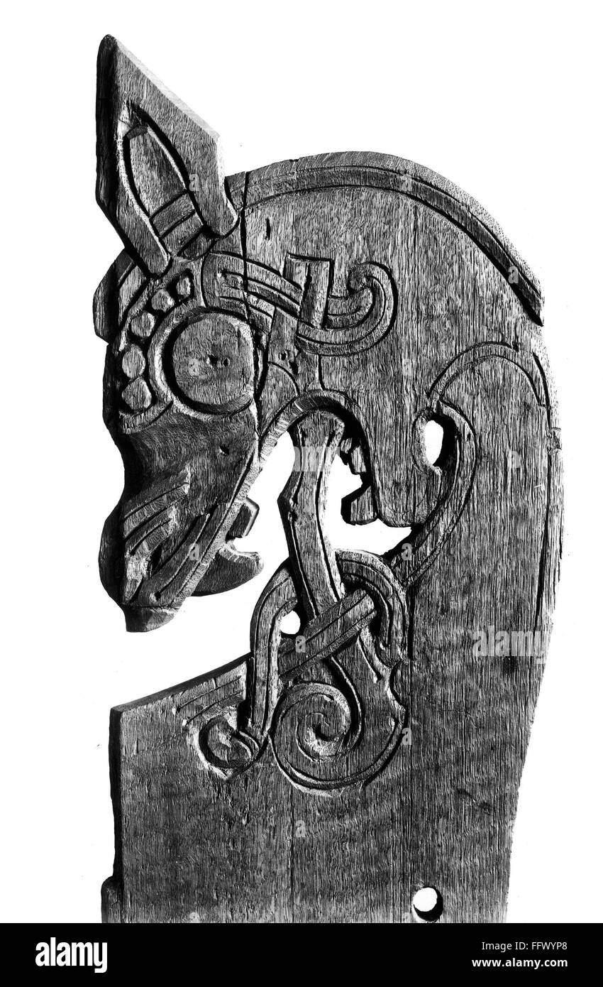 VIKINGS OSEBERG CARVING. /n'Carolingian' head. 9th century wooden
