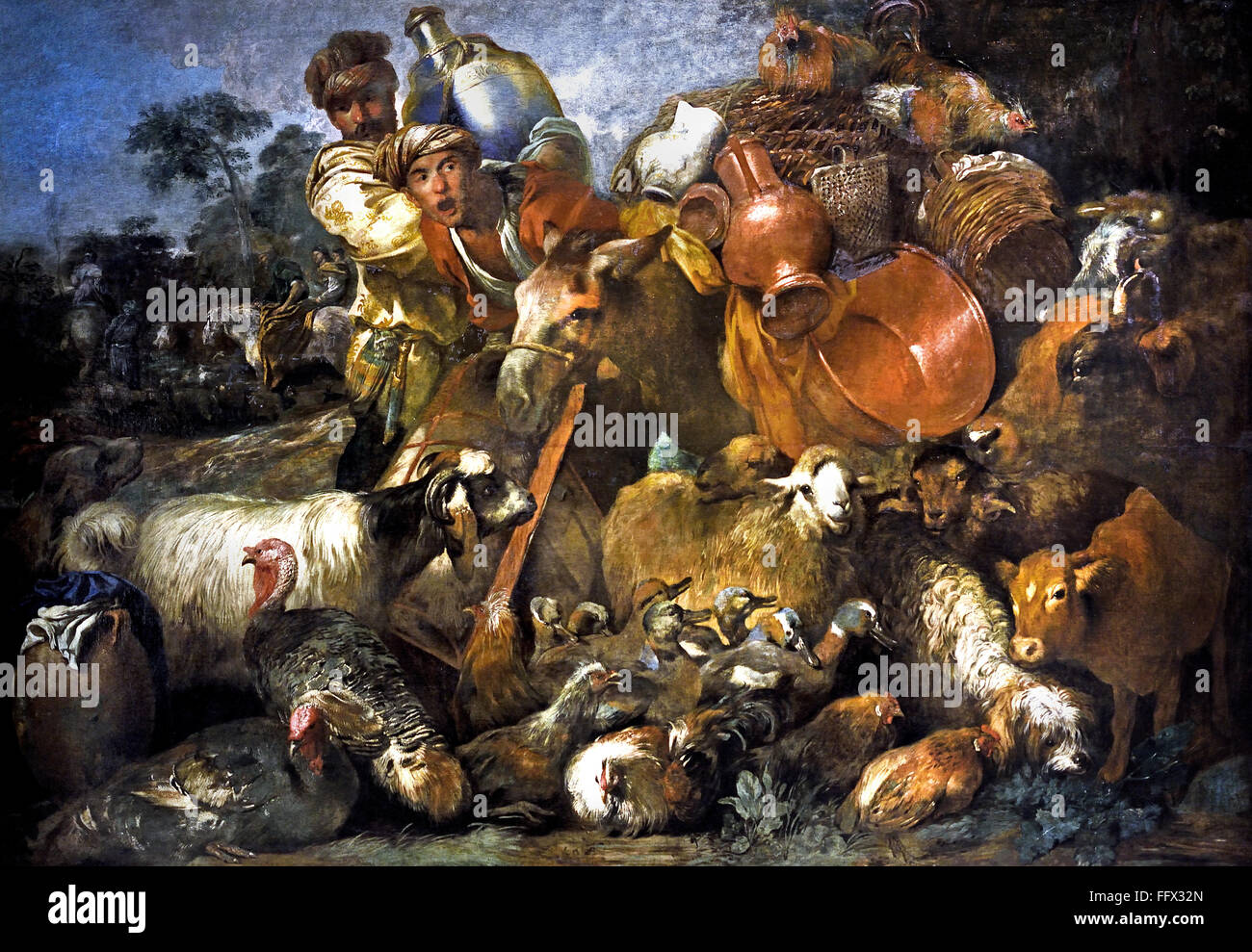 GIOVANNI BENEDETTO CASTIGLIONE (1616 - 1670)  CARAVAN 1635 Italy Italian Here the subject could well be the Journey of Jacob, of David or even of Abraham, accompanied by their flock. Stock Photo