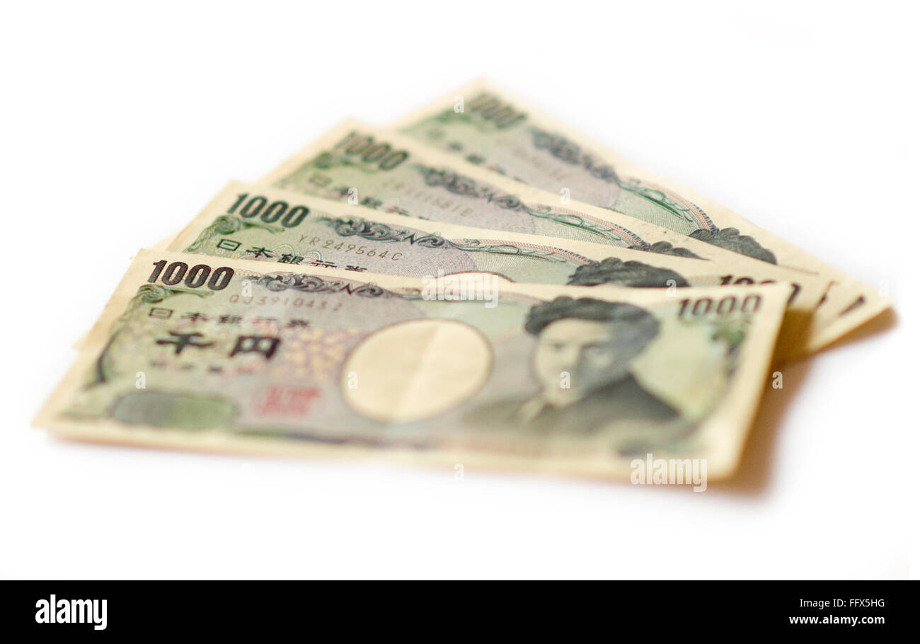 1000 yen notes on a white background. Stock Photo