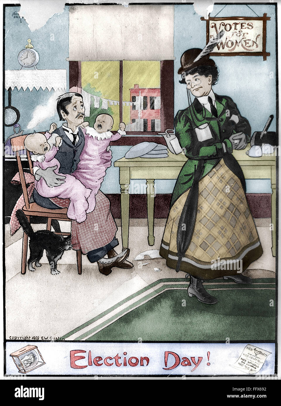 WOMEN'S RIGHTS, 1909. /n'Election Day!' A suffragette leaving two ...