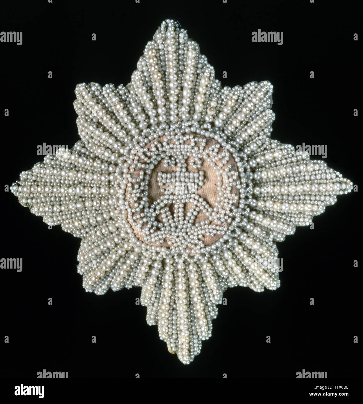 CATHERINE II: ARTIFACT. /nPearl and embroidery Star of the Order of Saint Catherine of the First Class, inscribed with the motto 'For Love and Country,' which belonged to Catherine the Great, 18th century. Stock Photo