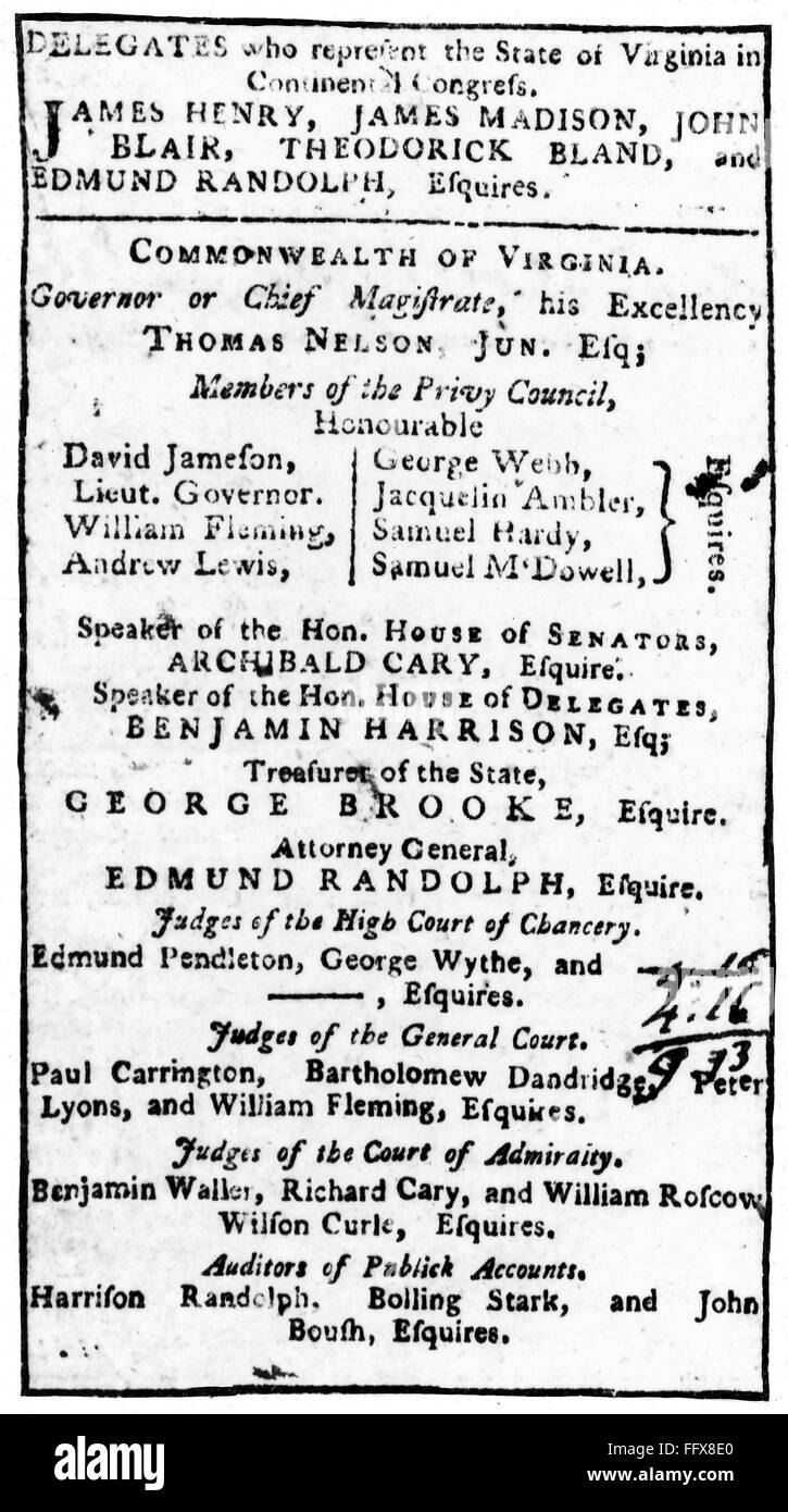 VIRGINIA: GOVERNMENT, 1782. /nPage from the 'Virginia Almanac' for 1782, listing members of the Commonwealth government. Thomas Jefferson is not on the list. He was nursing his sick wife at Monticello. Stock Photo