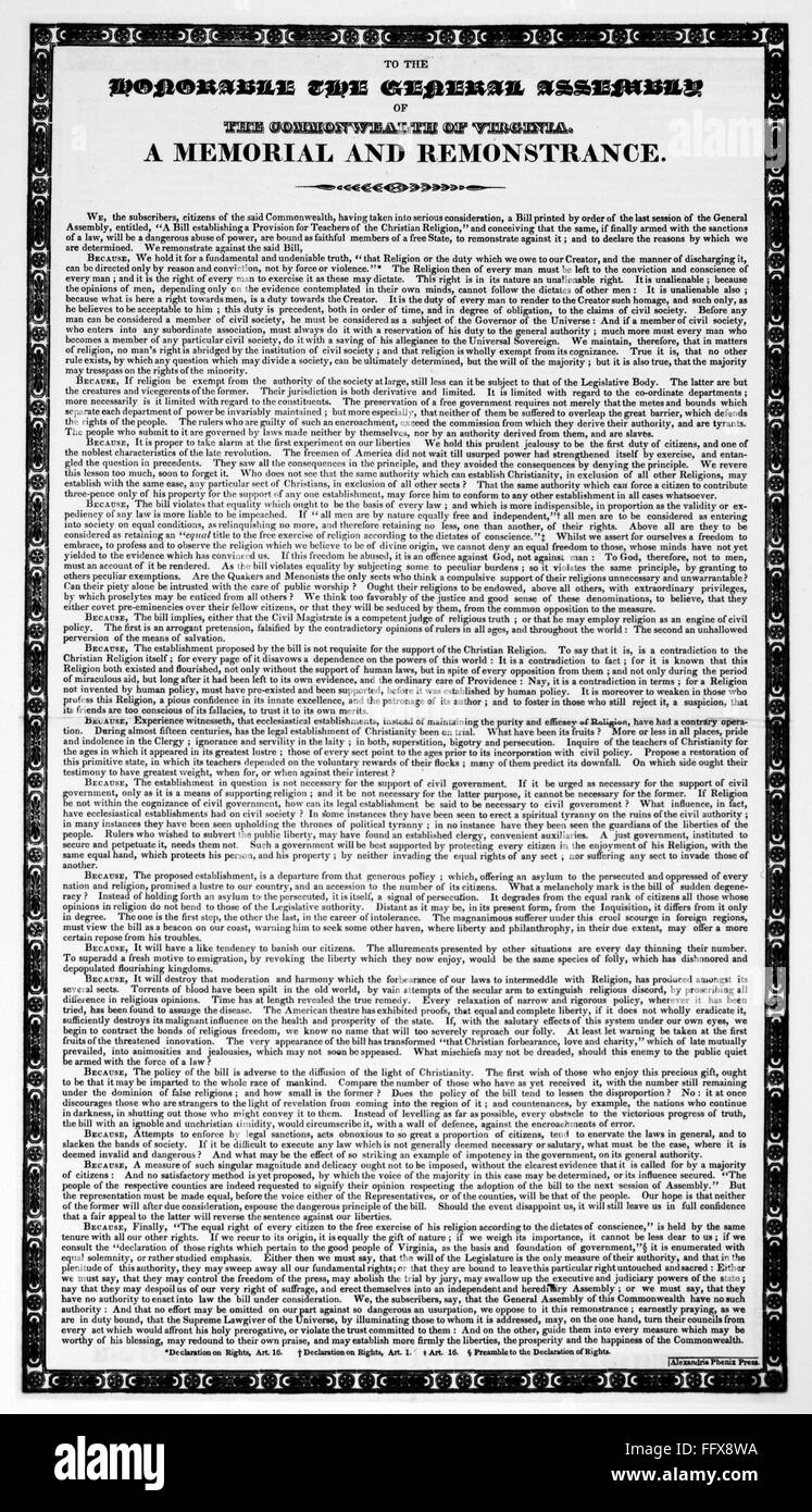JAMES MADISON MEMORIAL. /nJames Madison's 'Memorial and Remonstrance