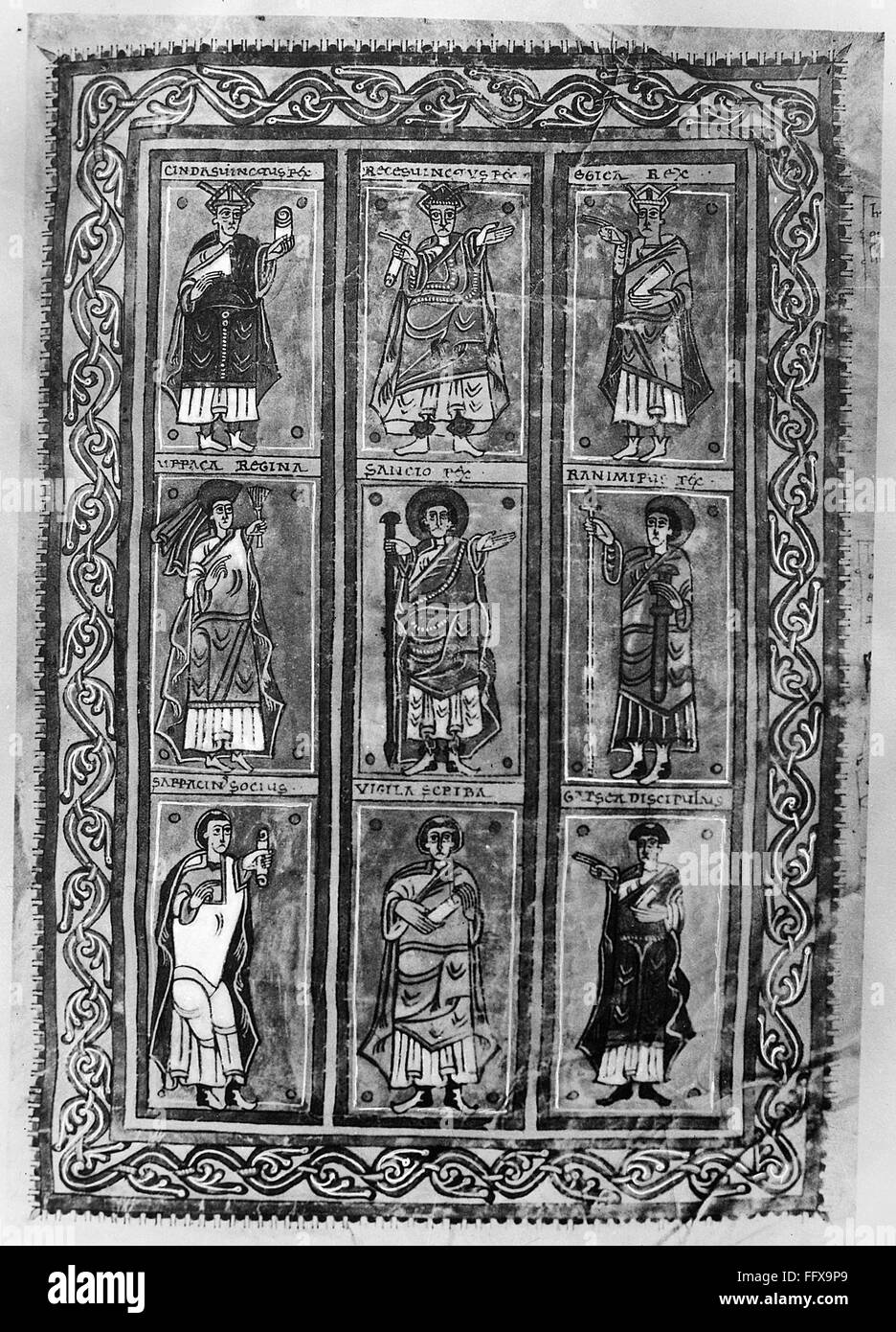 CODEX ALBELDENSE, c976./nManuscript illumination from the Codex Albeldense, completed in 976 at the Monastery of San Martin de Albelda in Galicia, Spain. Stock Photo