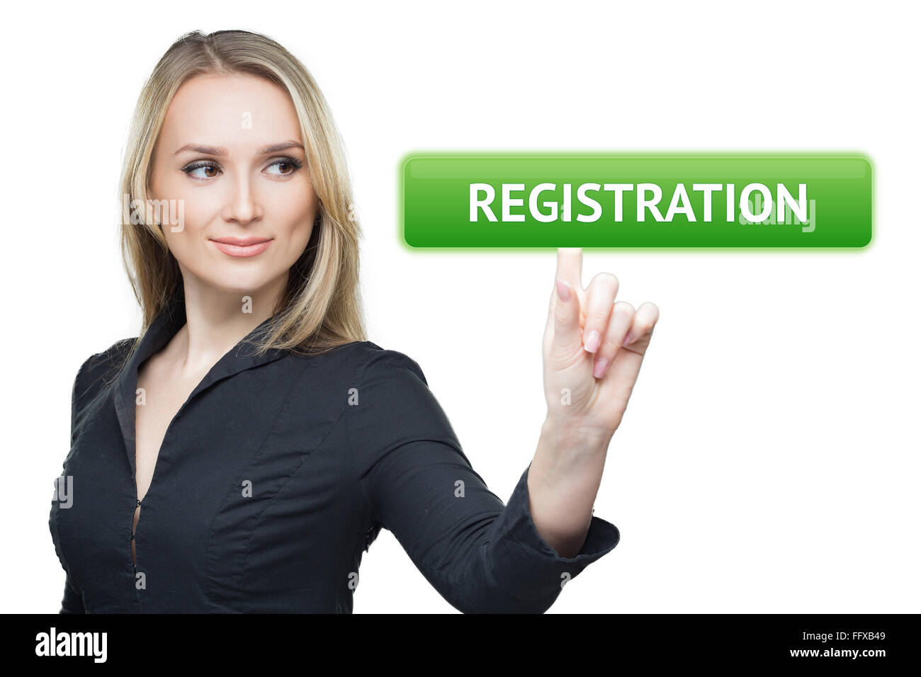 business, technology, internet and networking concept - woman pressing registration button on virtual screens Stock Photo