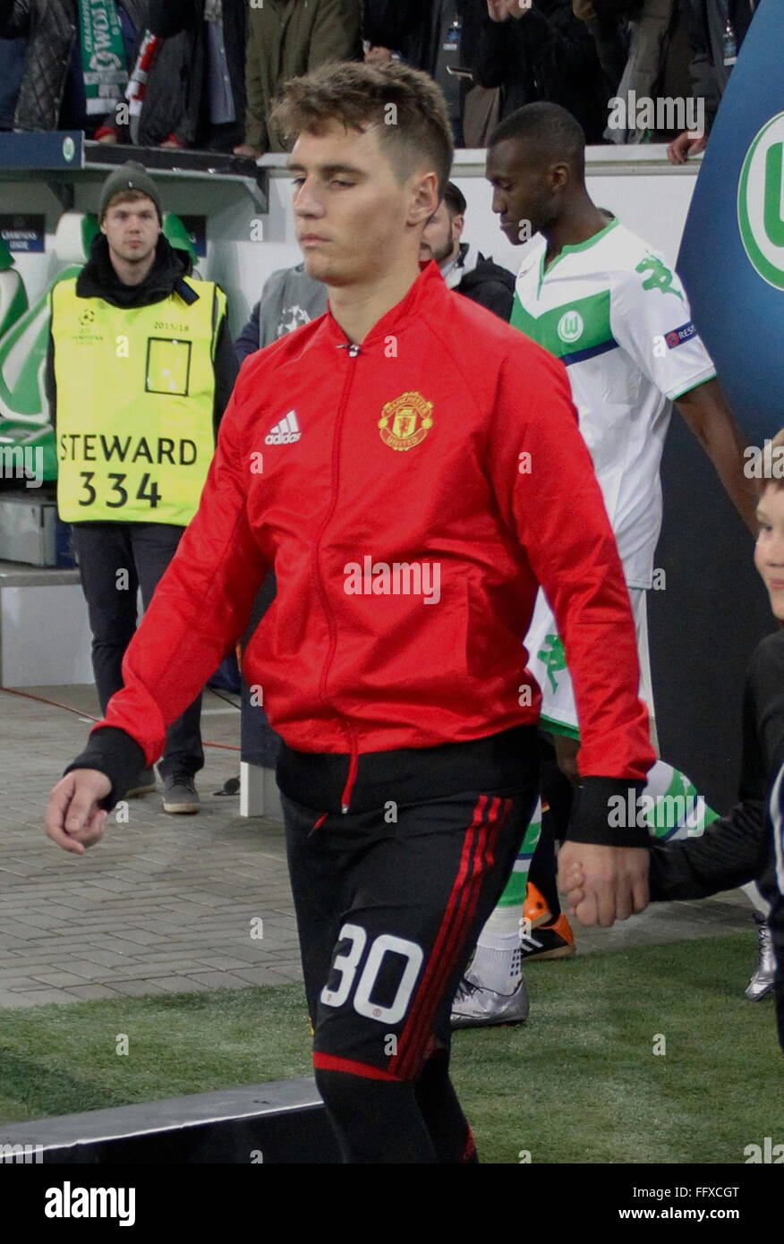 Guillermo Varela lors du match de champion league Wolfsbourg - Manchester United le 08 décembre 2015 Volkswagen,Arena,Wofsbourg Stock Photo