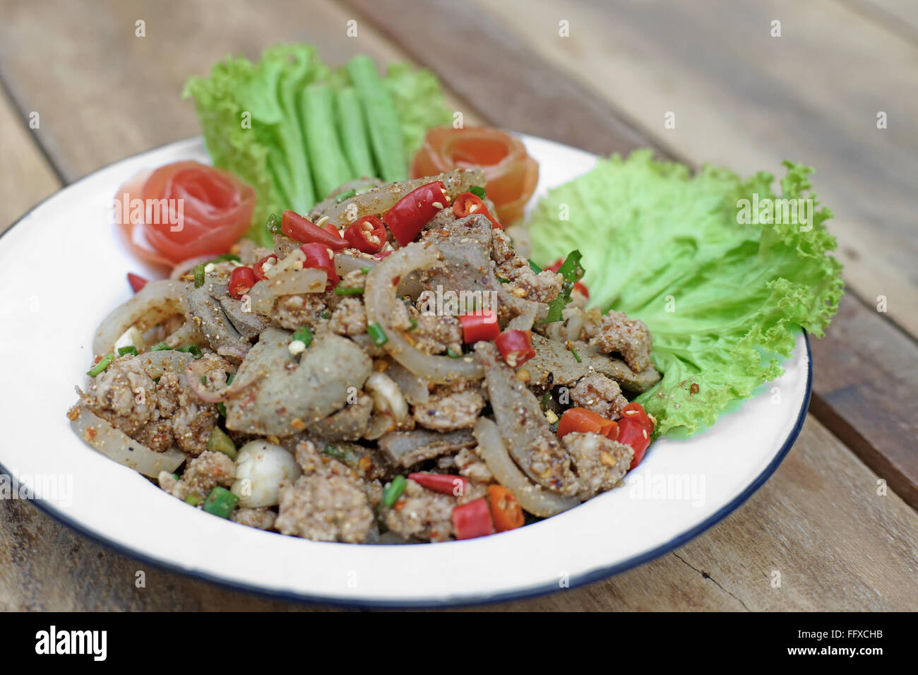 famous thai food, sliced grilled pork spicy salad with vegetable Stock Photo