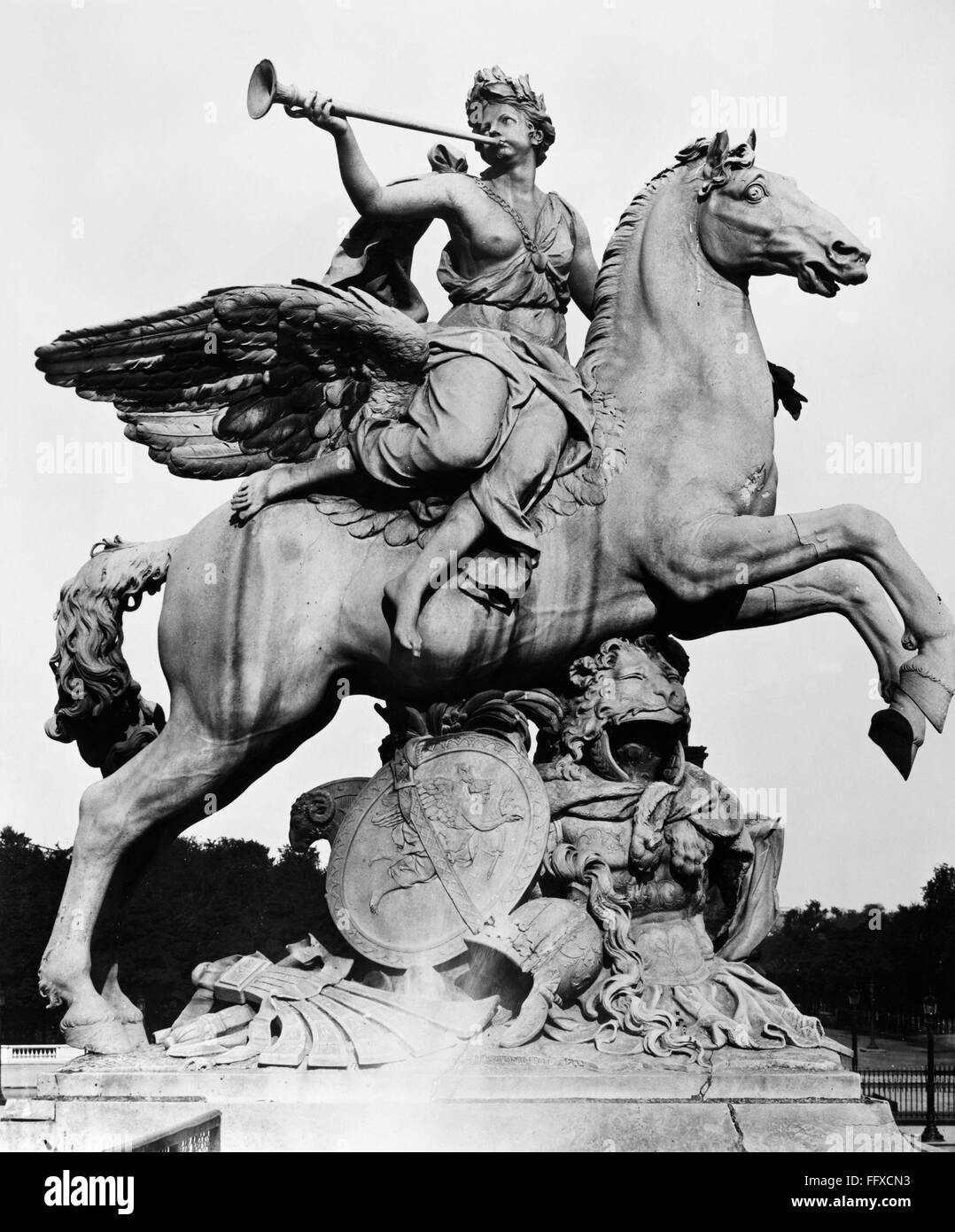 COYSEVOX: FAME AND PEGASUS. /nFame Riding Pegasus. Sculpture in the Tuilerie Gardens in Paris, by Charles-Antoine Coysevox, 1699-1702. Stock Photo