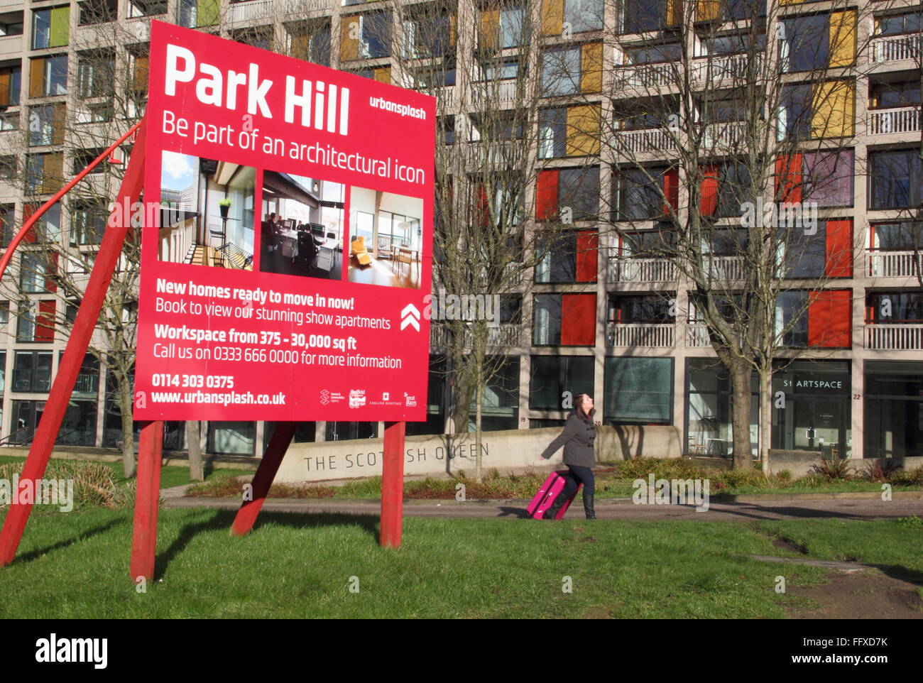 A sales sign outside Park Hill housing estate (pictured), Sheffield, invites people to 'be part of an architectural icon' - 2016. UK Stock Photo