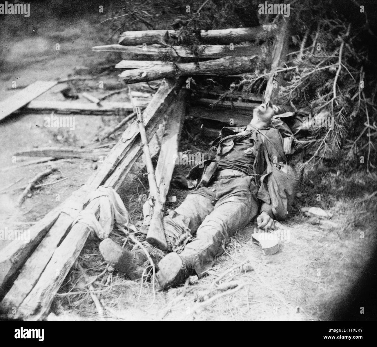 CIVIL WAR: DEAD SOLDIER. /nA dead Confederate soldier who fell during General Richard Ewell's attack on the Union Army at the Battle of Spotsylvania Court House in Virginia. Photograph, 19 May 1864. Stock Photo