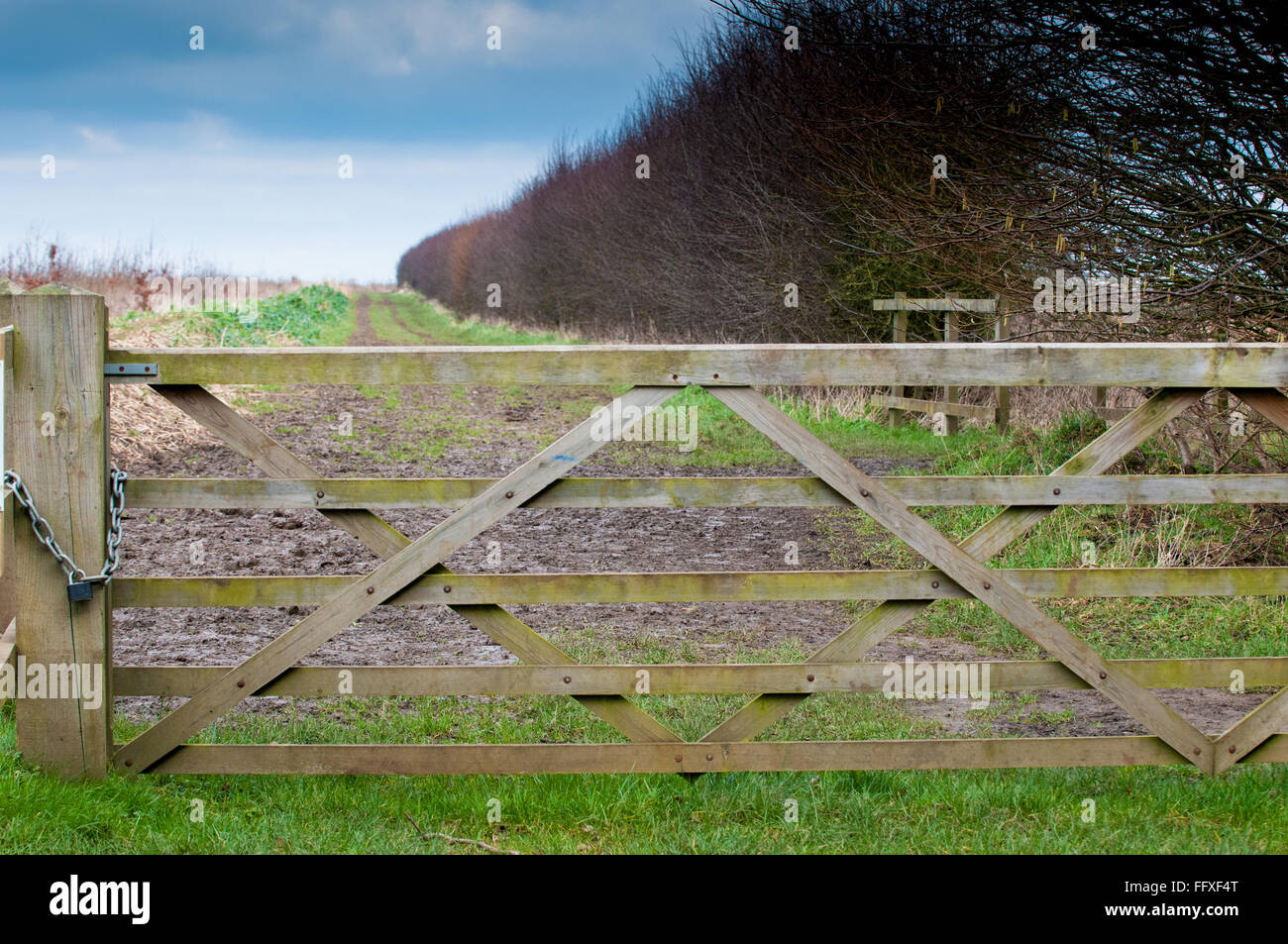 locked gate to a muddy countryside path Stock Photo